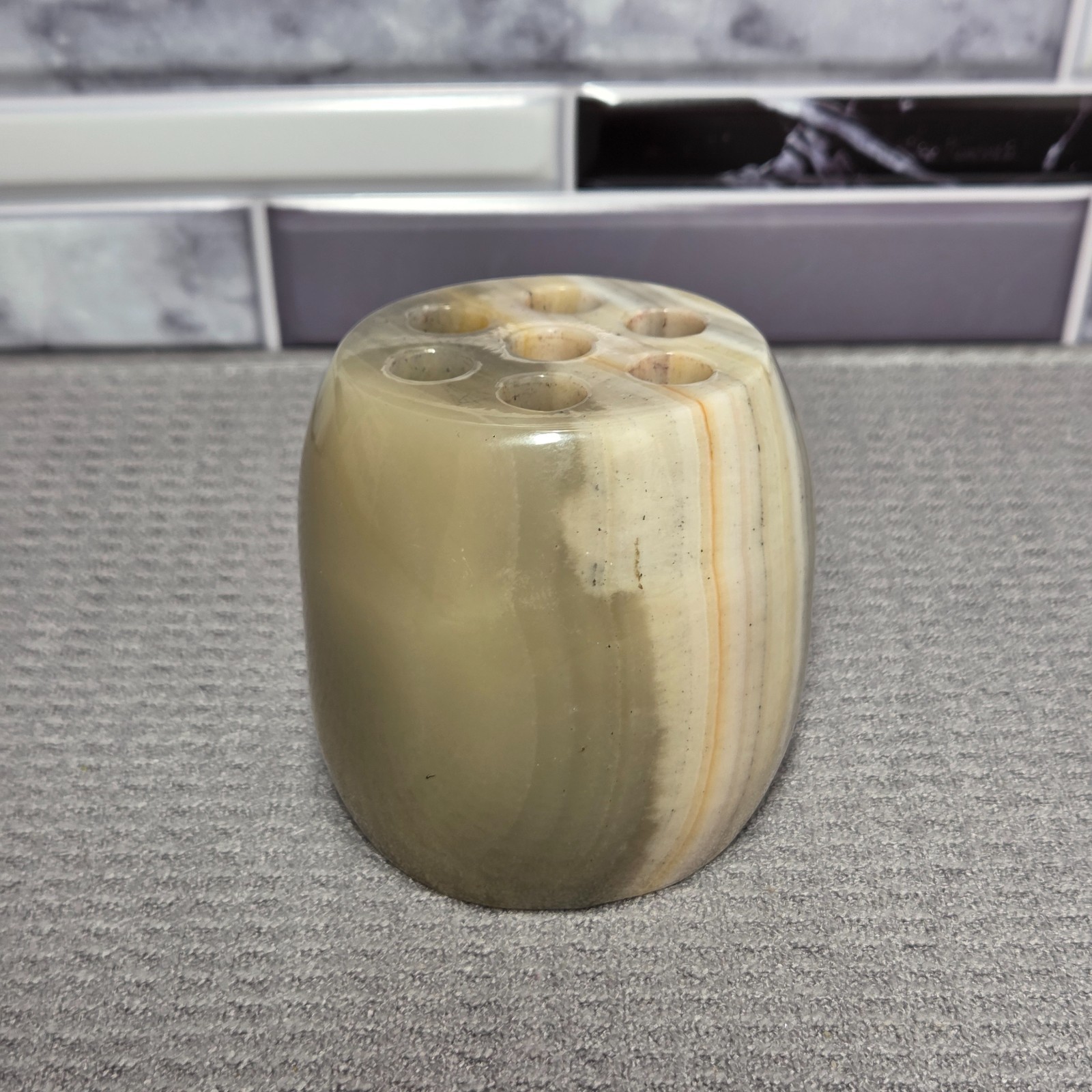 Flower Frog Round Marble Stone Onyx Alabaster 7 Holes Gray Cream Gold Colors