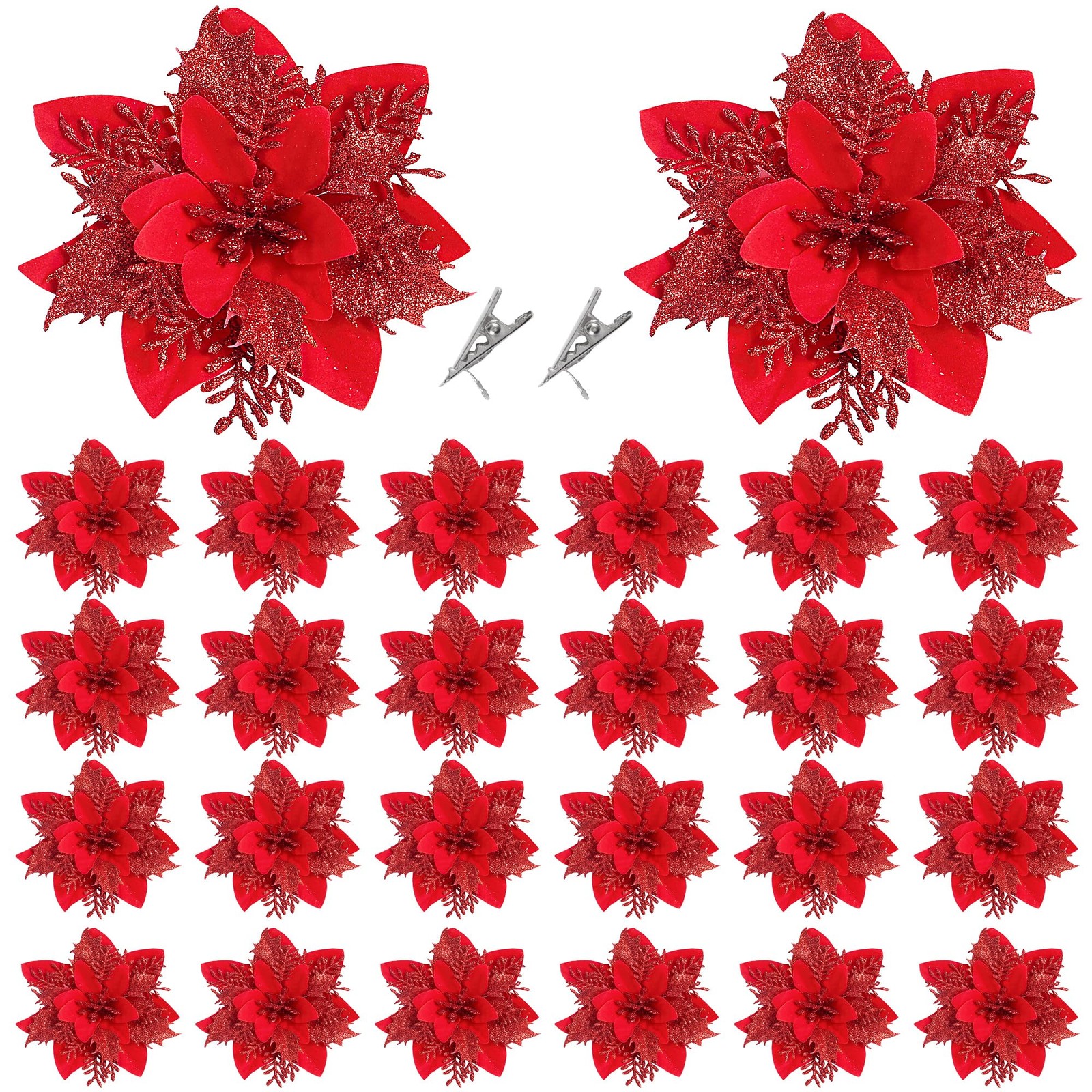 24 PCS Bright Red Christmas Glitter Poinsettia Flowers Tree Ornaments Clips