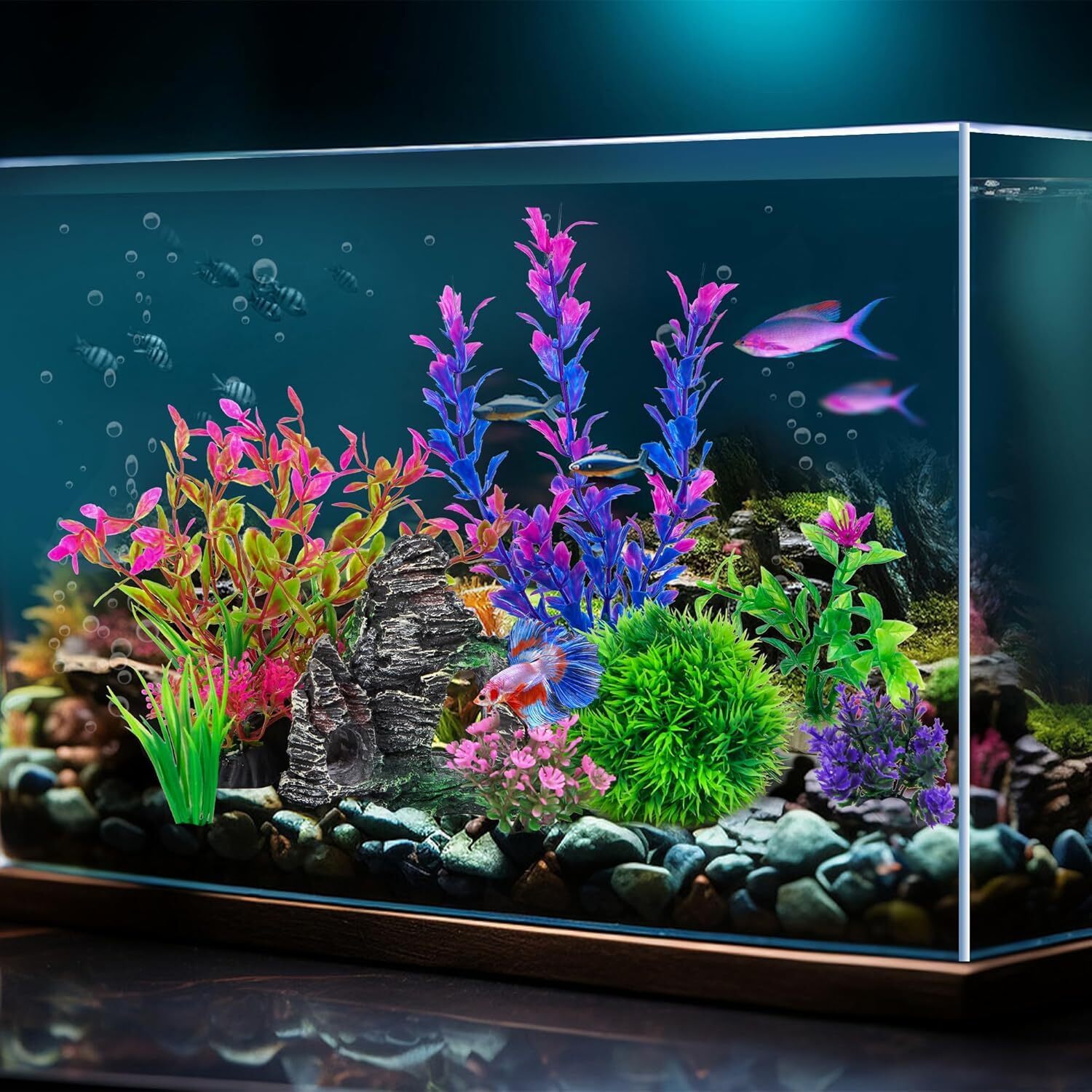 Ameliade Aquarium Artificial Plastic Plants & Rock Cave Decor Set – Fish Tank