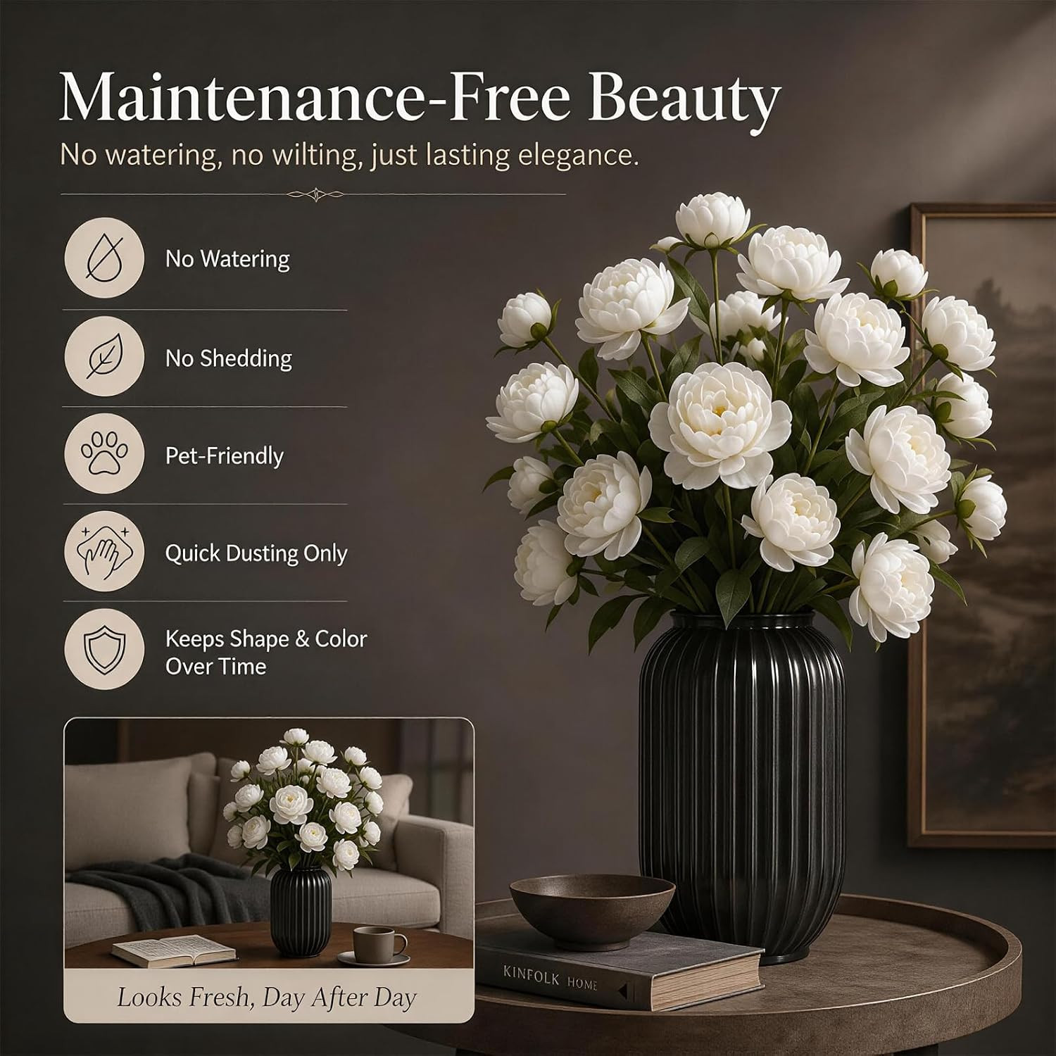 27″ Artificial Peonies Bouquet, 5Pcs UV Resistant Silk Flowers for Home Decor