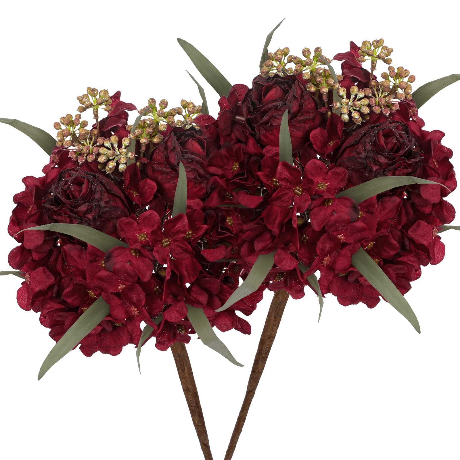 2Pcs Dark Red Hydrangea Artificial Flowers Bouquet Faux Dried Touch Hydrangea…