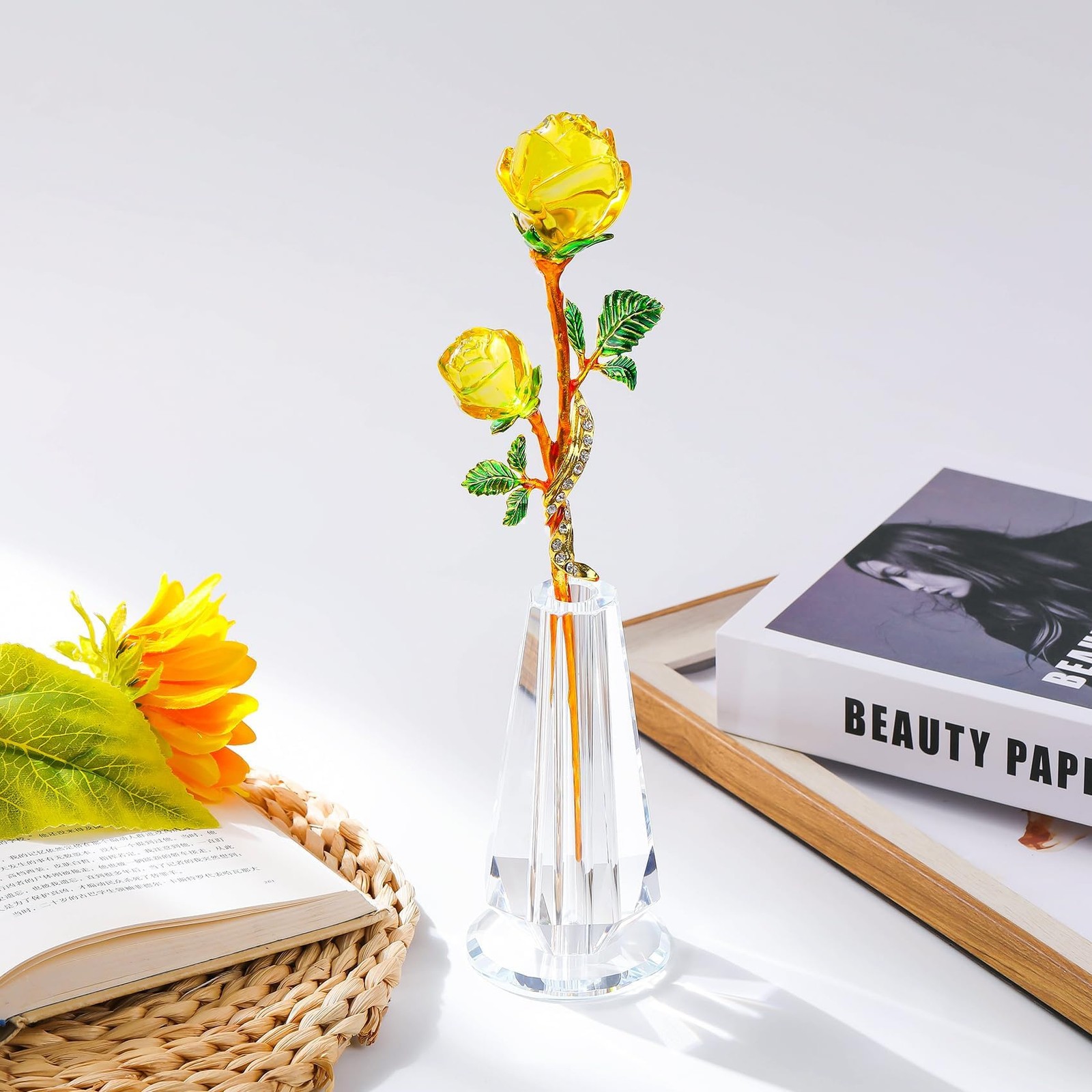 YWHL Handmade Yellow Rose Flower Crystal Figurine with Vase, Bouquet Glass Fl…