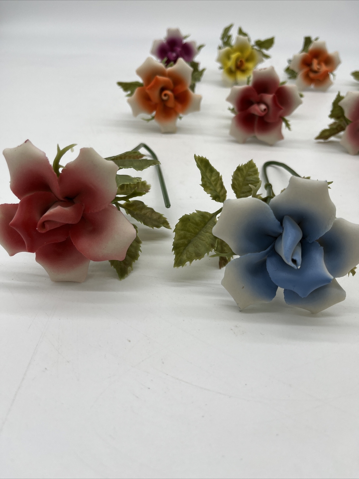 12 vintage stemmed porcelain flowers ceramic no chips