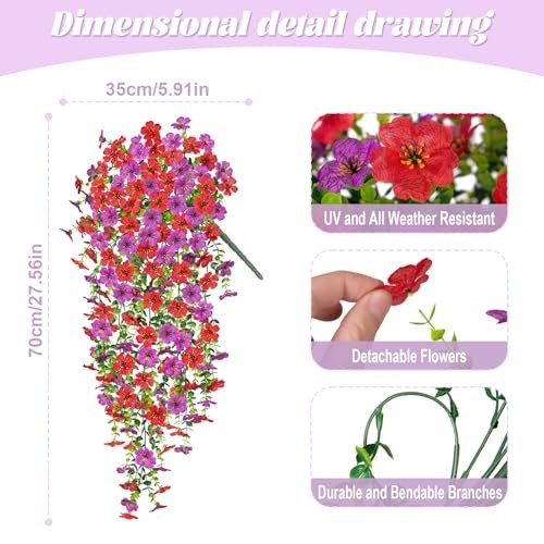 Fake Artificial Hanging Flowers for Outdoors Decoration, 2 PCS Faux Red Purple