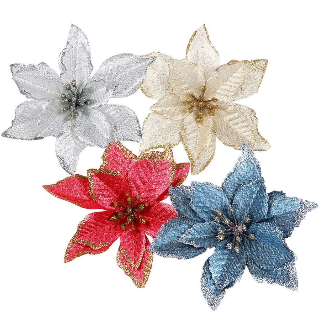 12pcs Glitter Artificial Poinsettia Flower Christmas Tree Ornaments Home Decor
