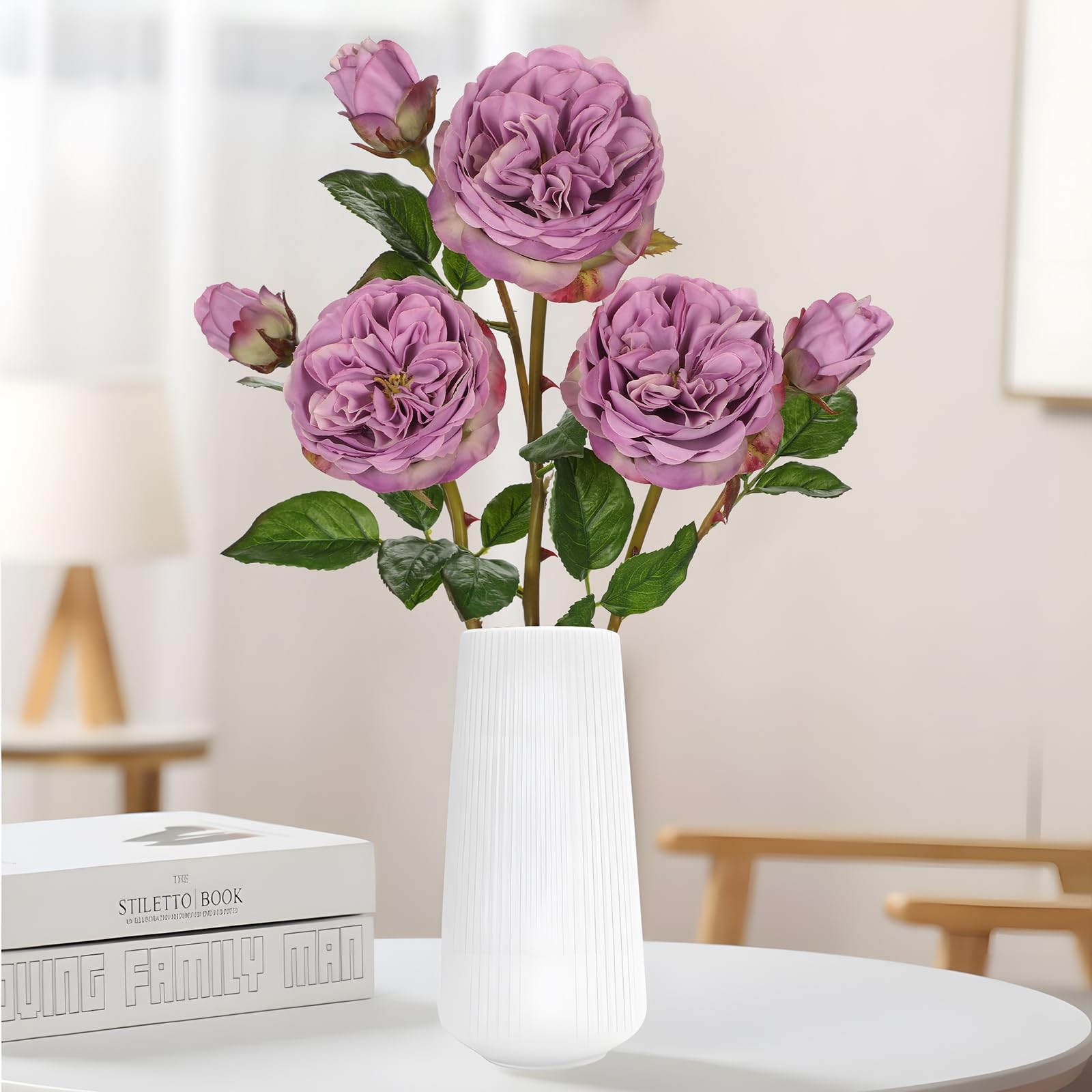 Real Touch Artificial Roses (Set of 3) – 23.6″ Long Stem Purple Garden Roses …