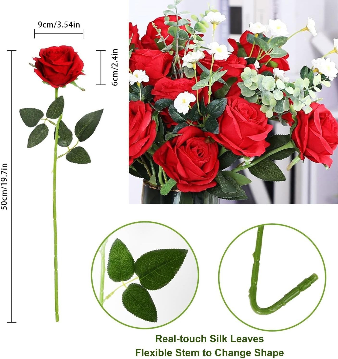10Pcs Artificial Roses Flowers, Realistic Blossom Roses, Real Touch Silk Rose, S