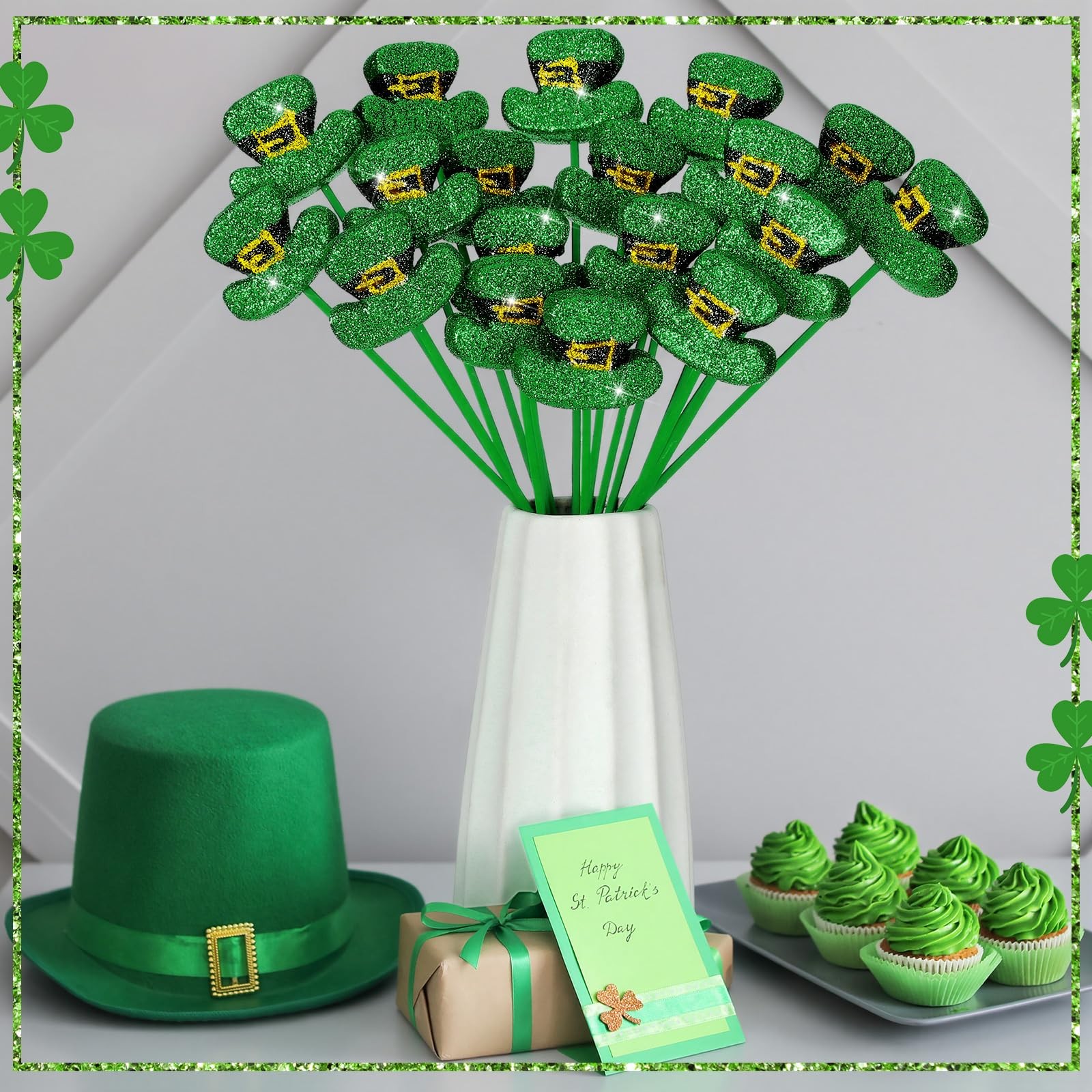 24 Pcs St. Patrick’s Day Glitter Picks Shamrock Leprechaun Hat Picks St Patri…