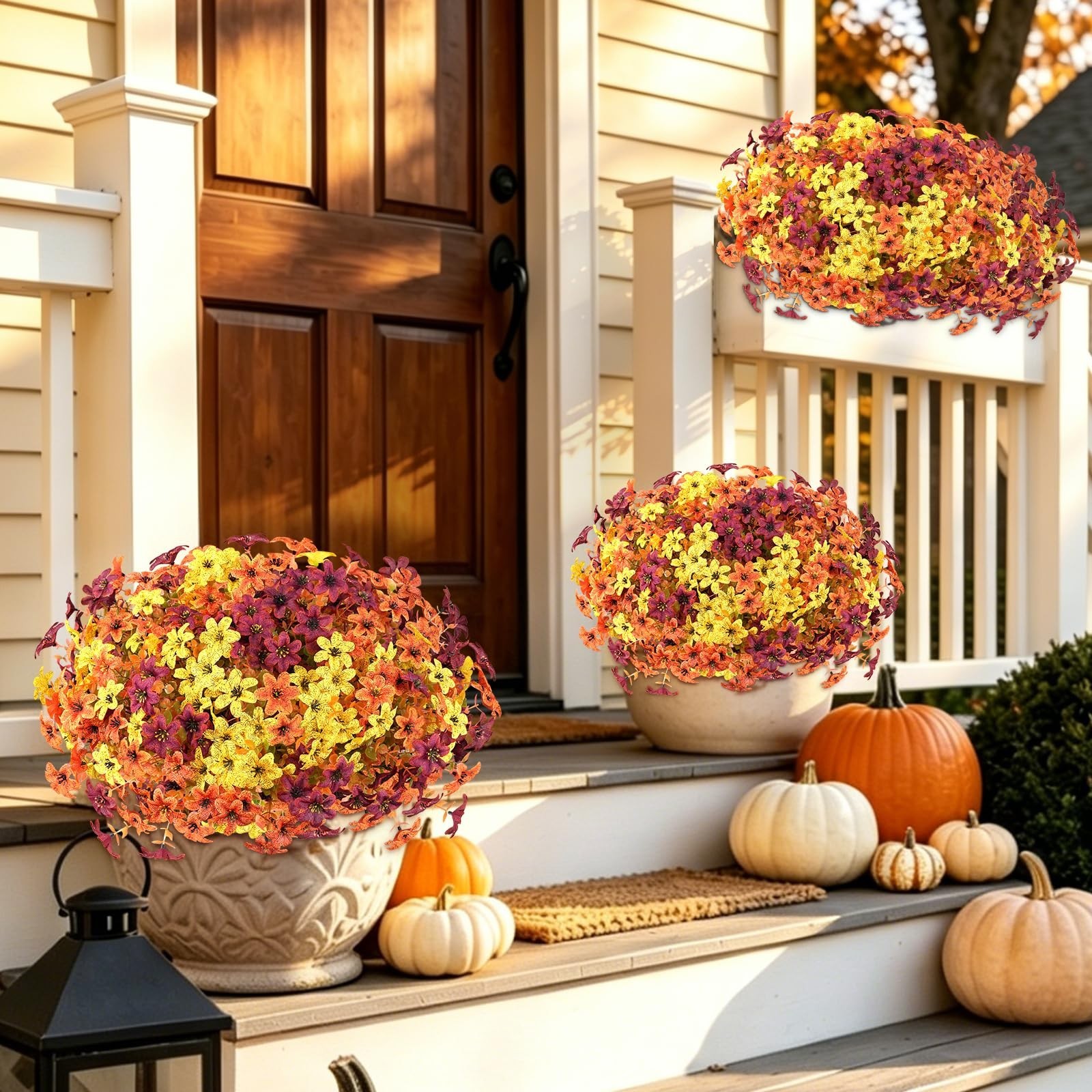 12 Bundles UV Resistant Artificial Mums Flowers – Fall Faux Daisy & Eucalyptus f