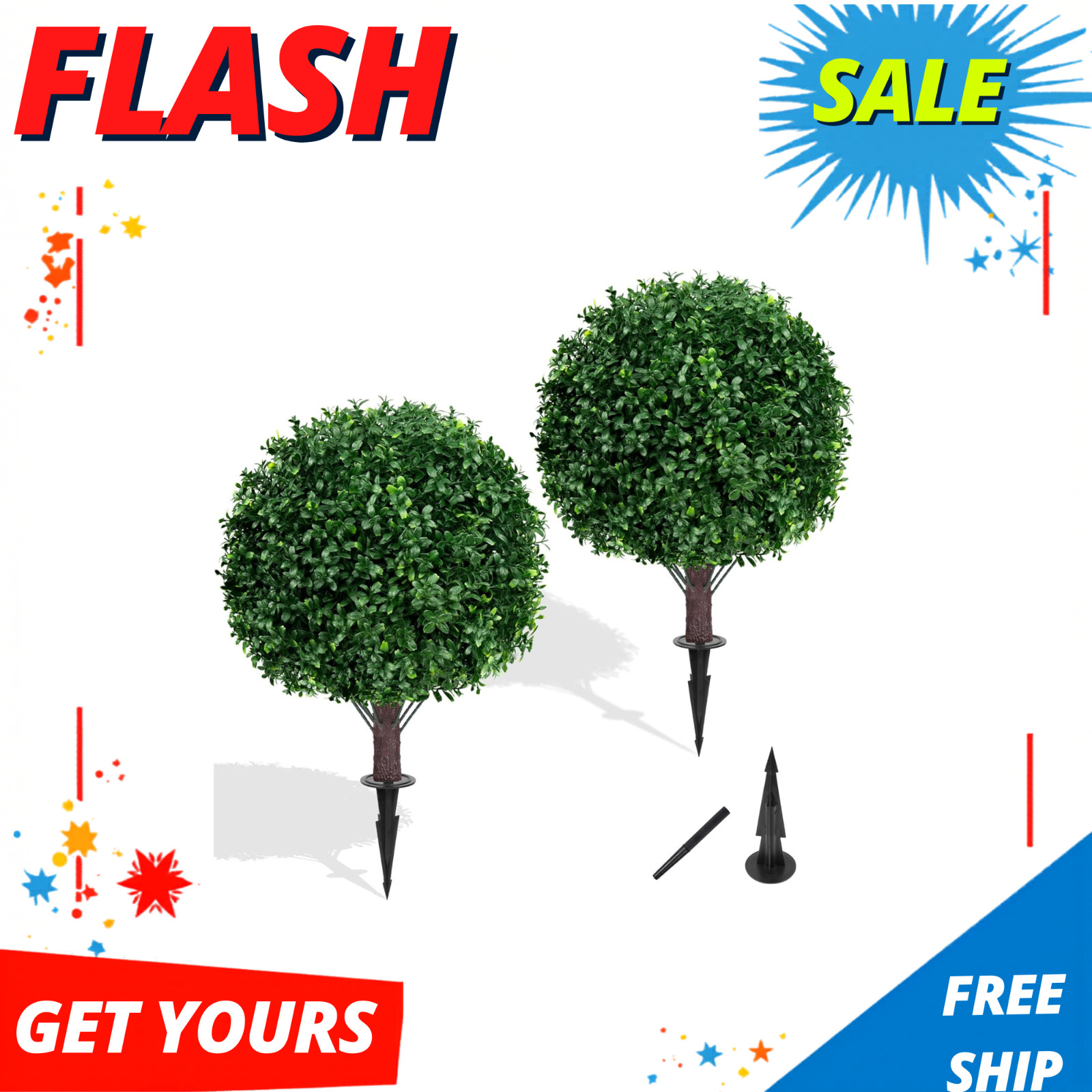 Artificial Boxwood Topiary Ball Tree Set of 2 UV Resistant Outdoor Shrubs w/ Spi