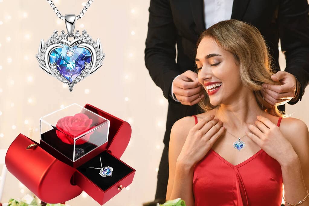 Preserved Red Rose Openable Apple-Shaped Storage Box with Angel Wing Jewelry …