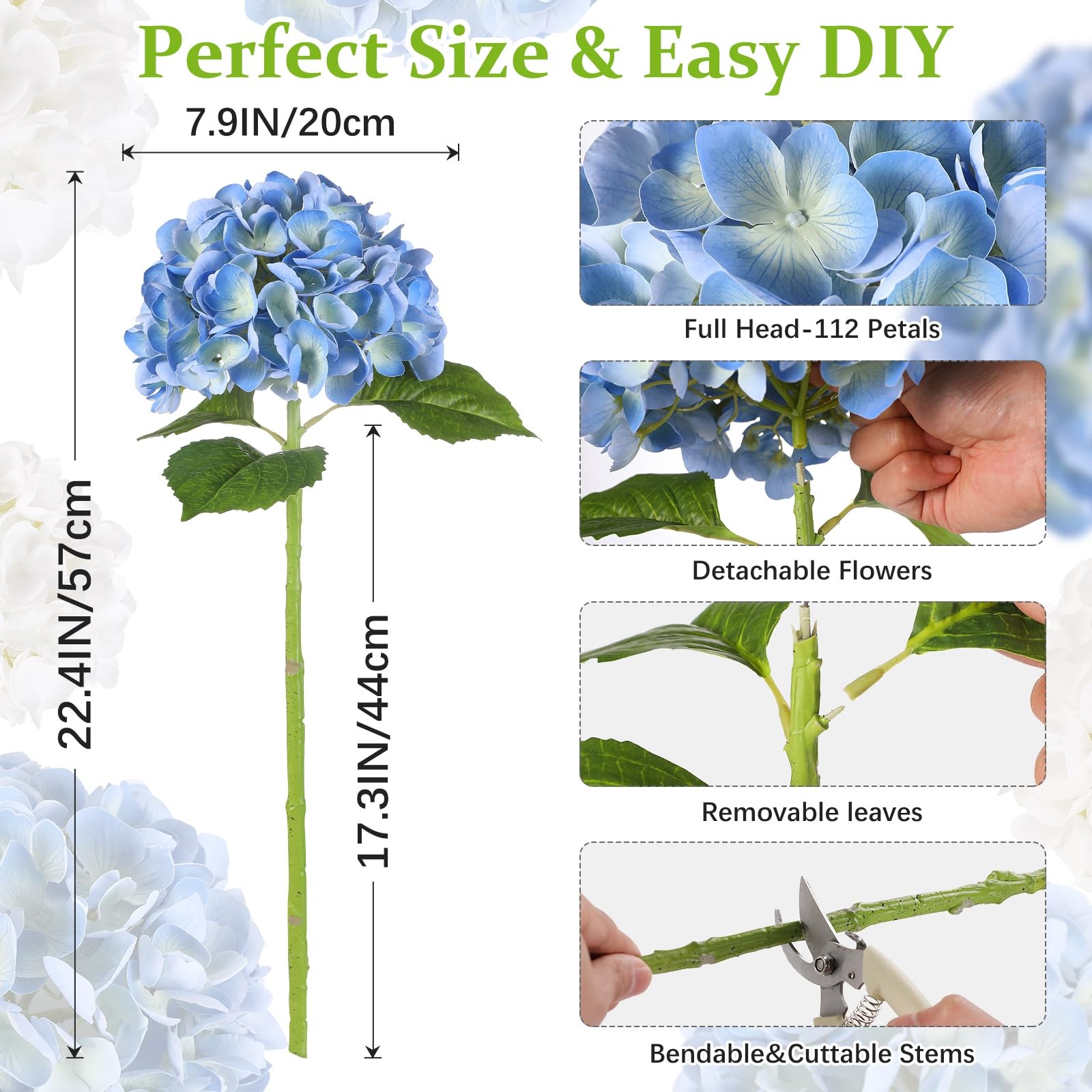 Blue Hydrangea Artificial Flowers – 3Pcs 22.44In Large Faux Hydrangea Flowers…