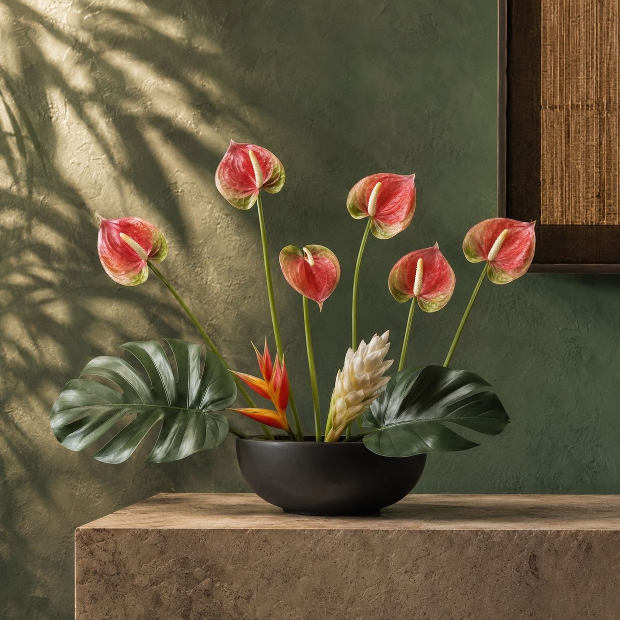 Pink Cream Green Artificial Anthurium Stems Set of 6, 11 Inch Faux Tropical Flow