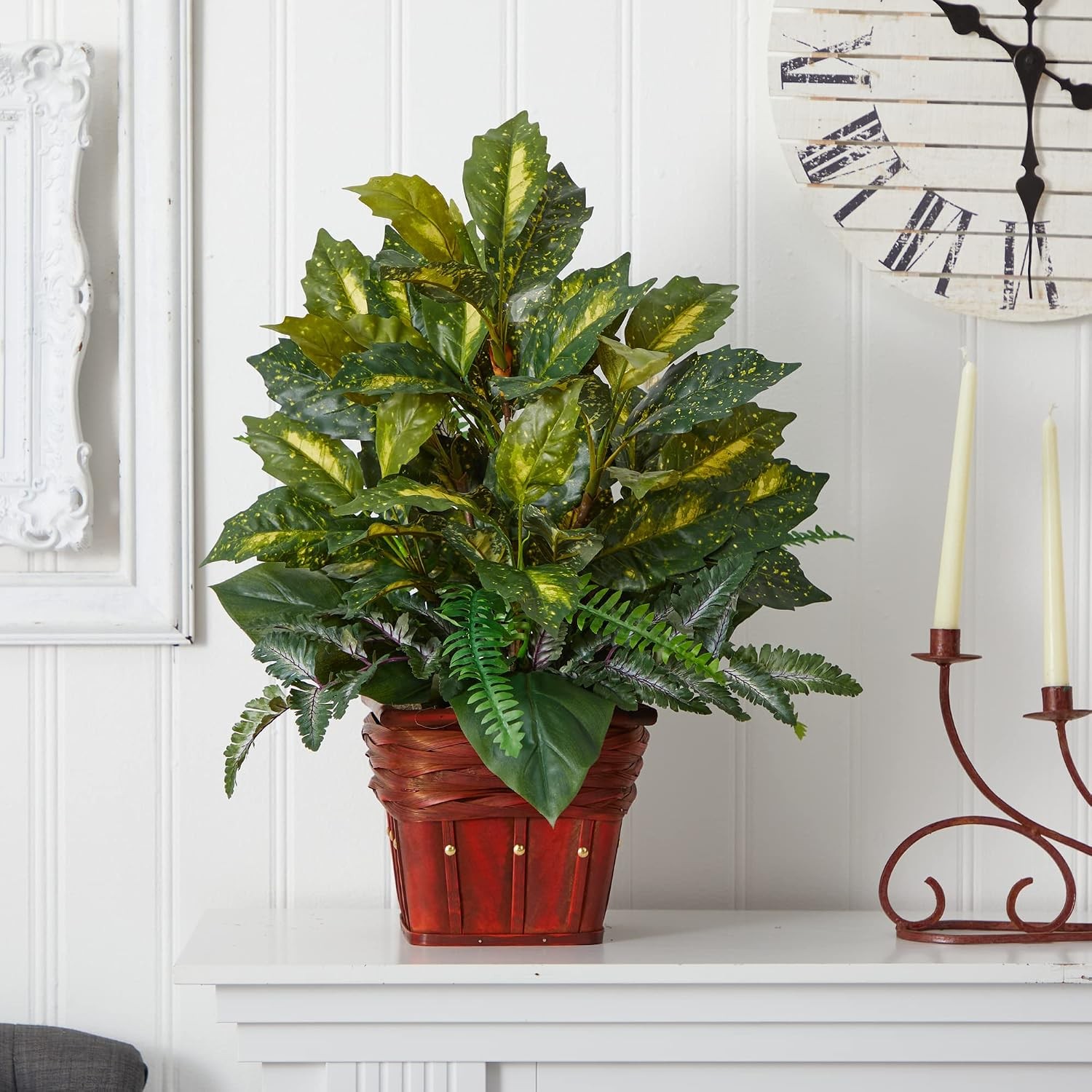 6527 Greens with Wicker Decorative Silk Plant, Green 30 in x 9 in x 7.5 in