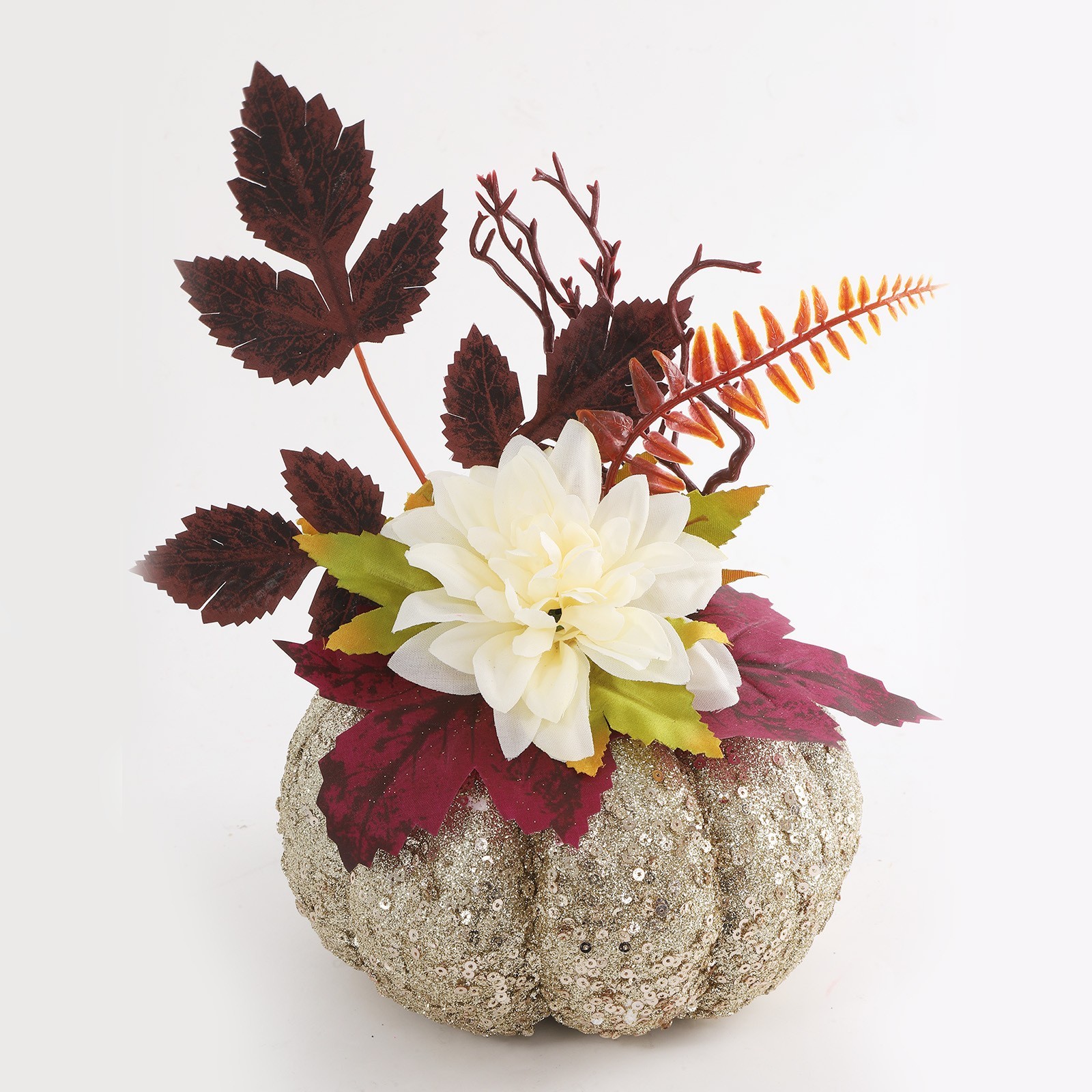 Table Centerpiece: Glitter Pumpkin with Silk Dahlias and Printed Leaves
