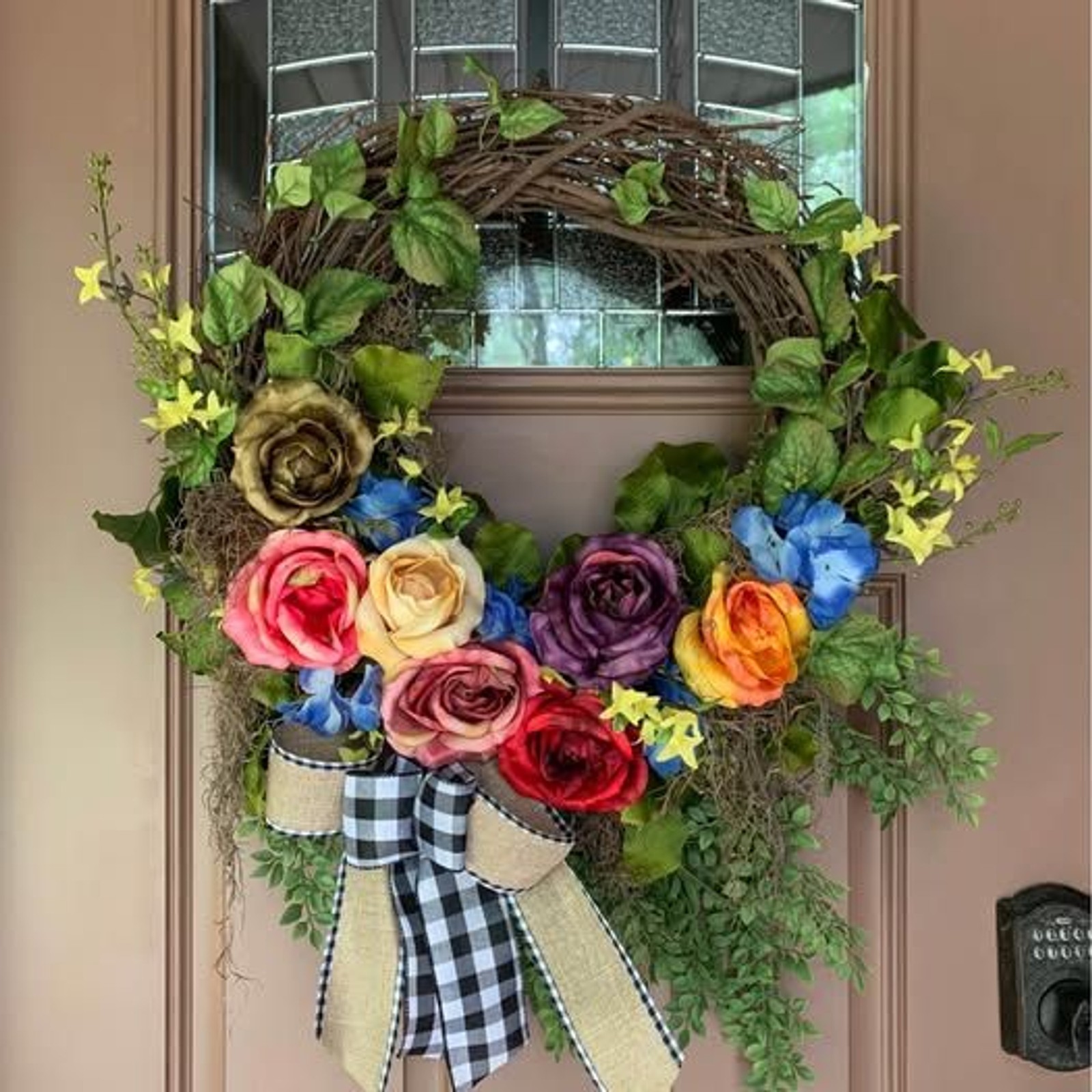Floral Summer Roses Wreath for Spring Summer with Buffalo Check Bow 26 inch