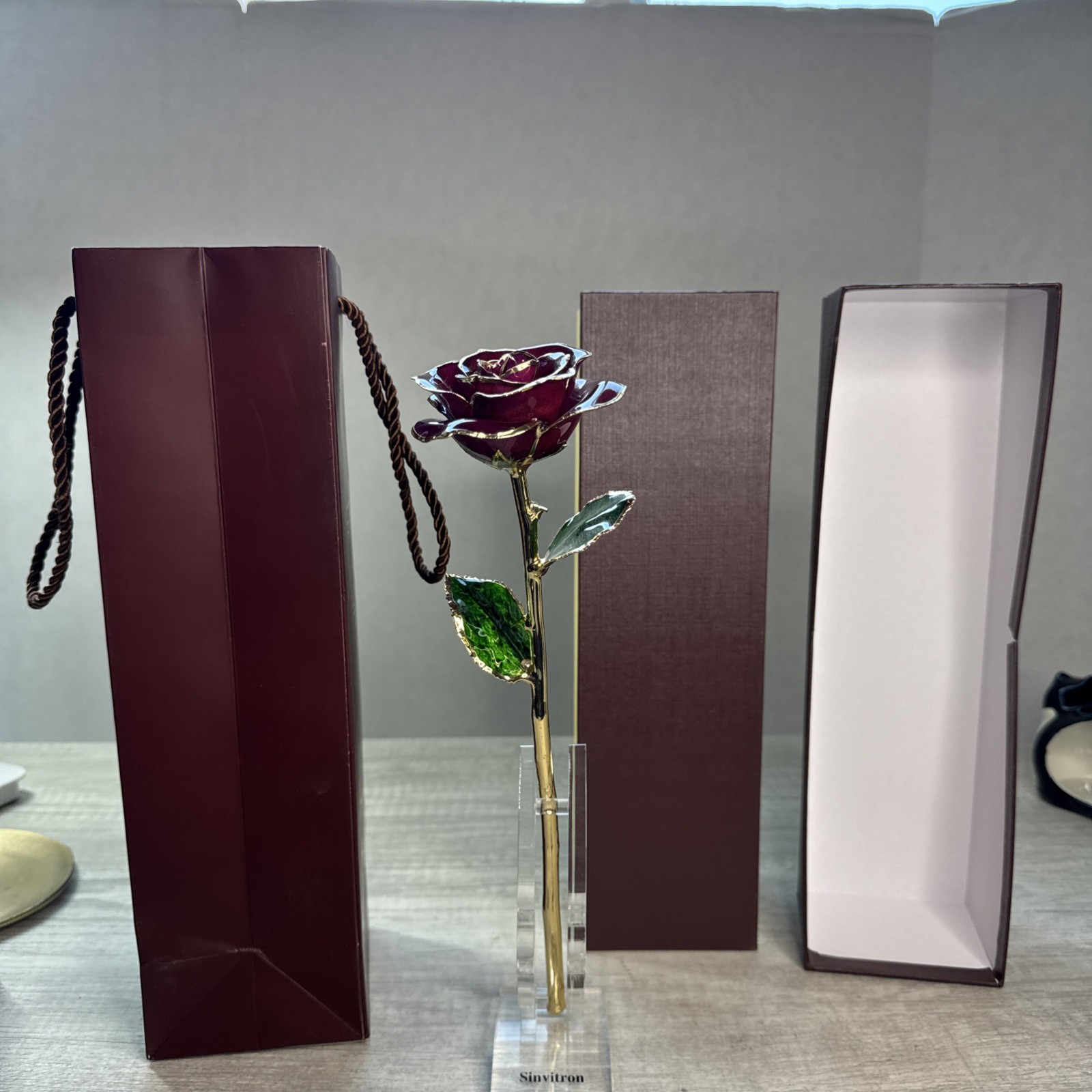 Beautiful Red Jewlers 24Kt Gold Dipped Real Rose Dark Pink/ Purple Box Bag Sta