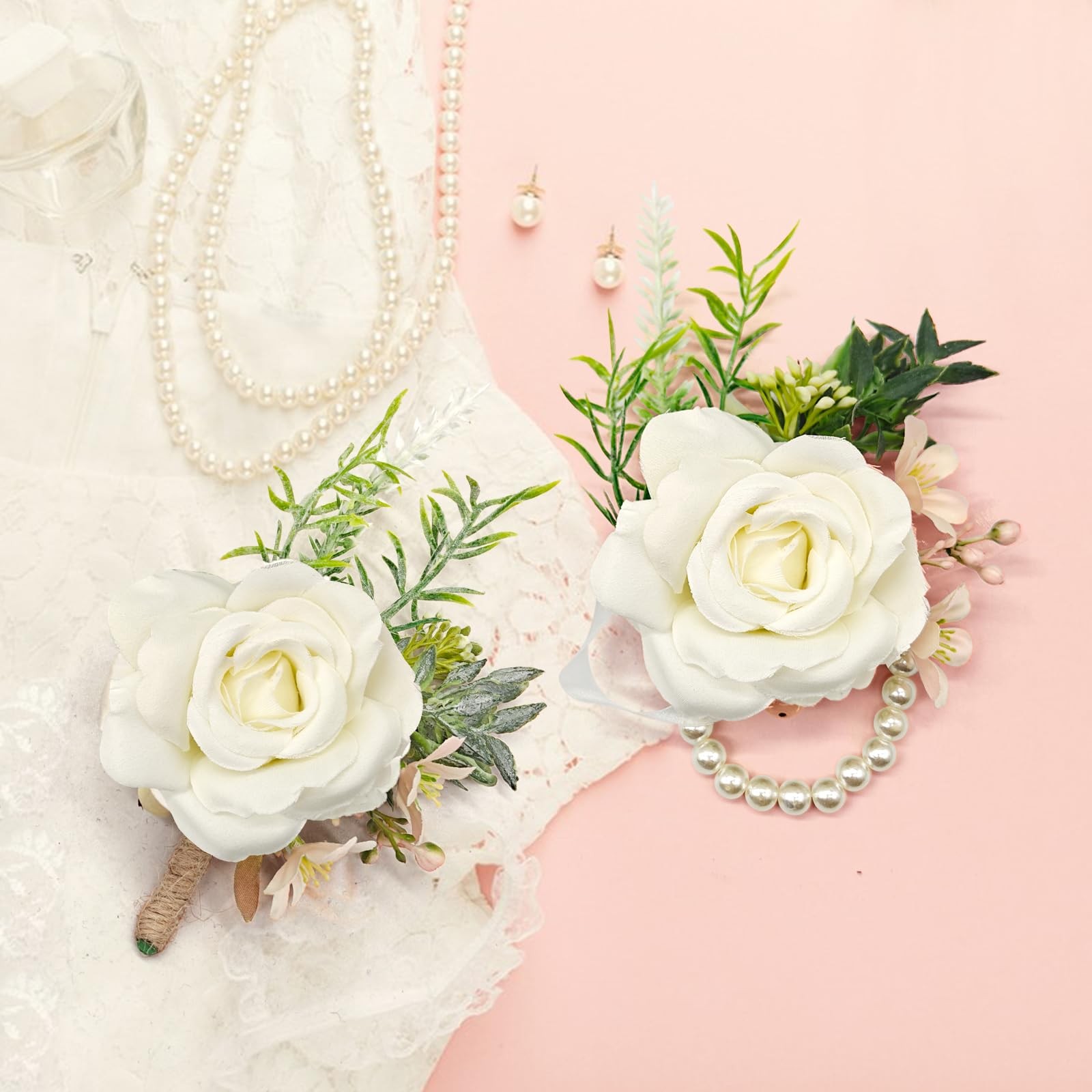 2 PCS Ivory Boutonniere Wrist Corsage Set Artificial Flower Pearl Band Prom