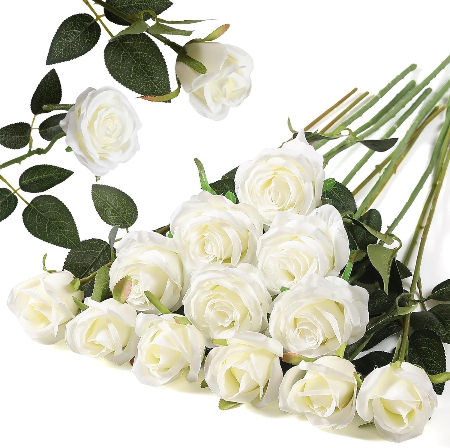 Long Stem 12PCS White Roses – Silk Flower Bouquets for Party & Wedding Elegance