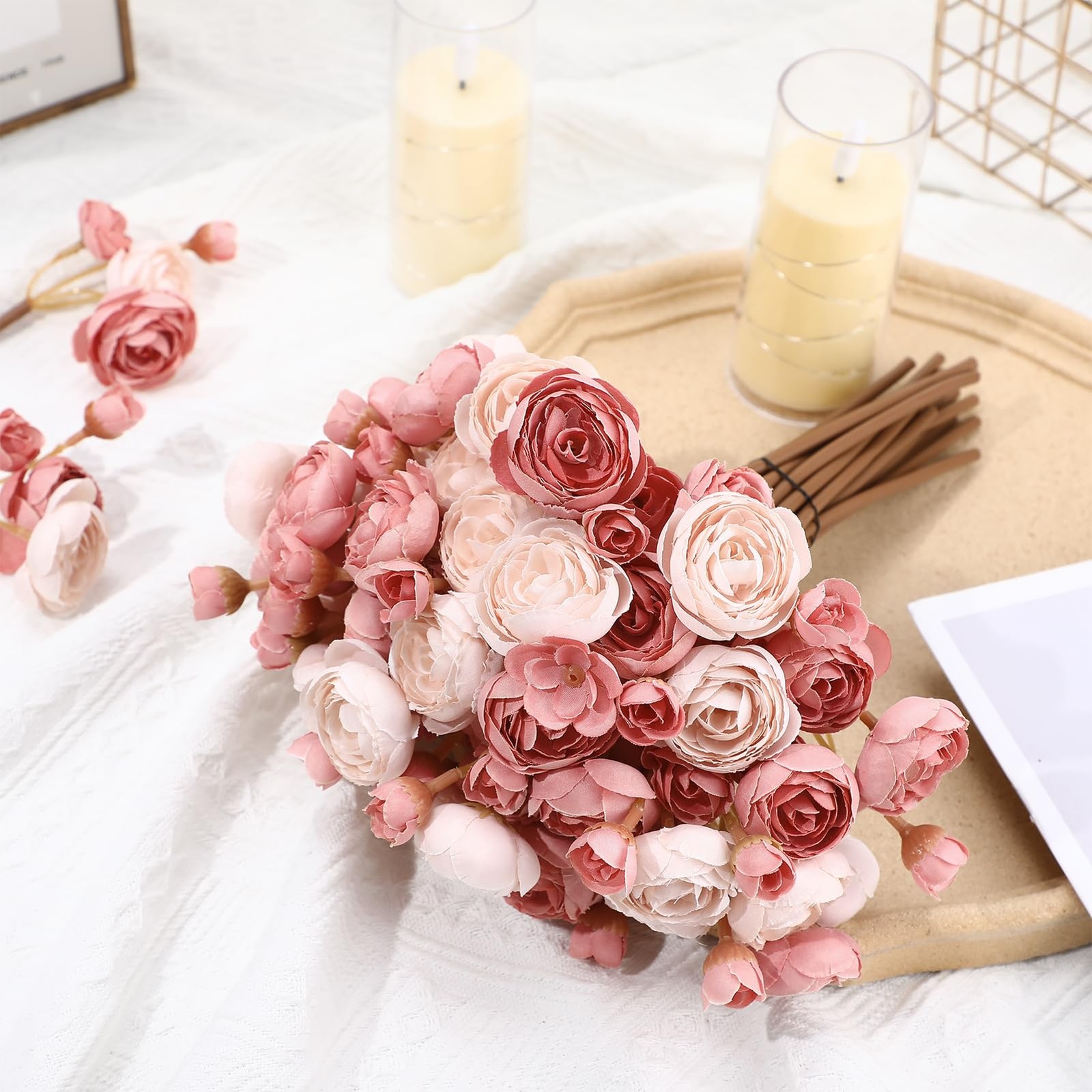 24 PCS Dusty Rose Silk Mini Ranunculus Artificial Wedding Filler Flowers Decor