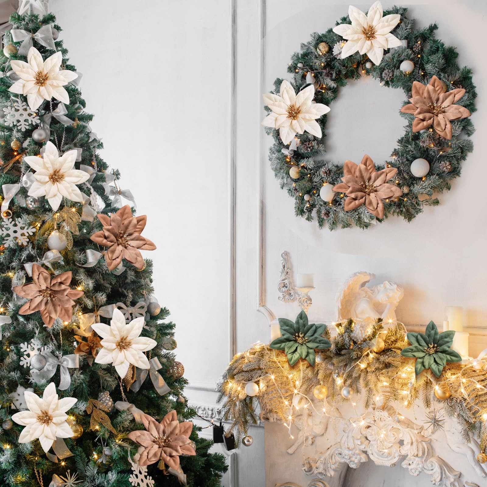 15 Pcs Christmas Poinsettia Artificial Flowers with Clips Christmas Tree Flow…