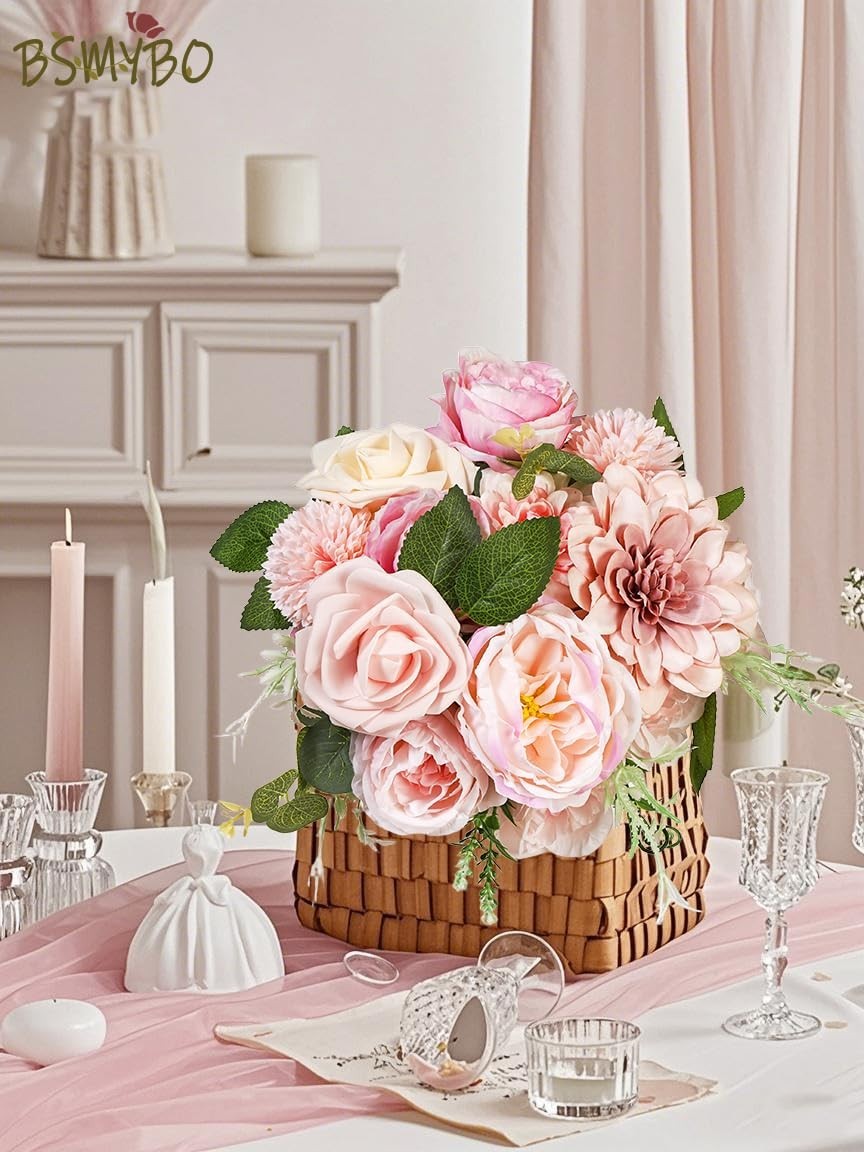 Pink Artificial Roses Flower Bouquets with Stems for DIY Wedding, Baby Shower, H