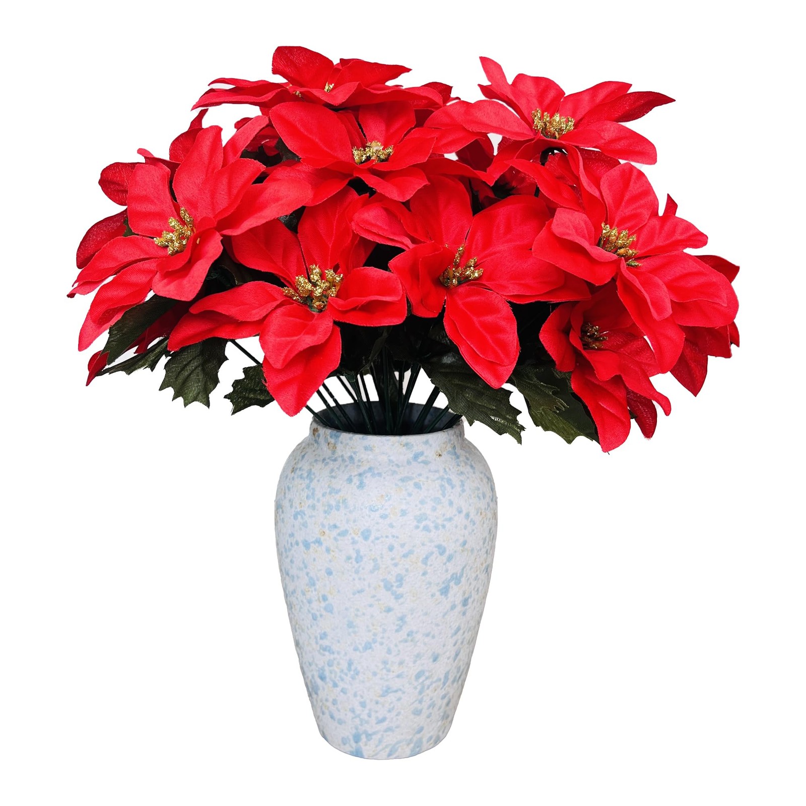 3 Pack Artificial Poinsettia Bushes – 9.8″ Faux Red Poinsettia Bouquets with …