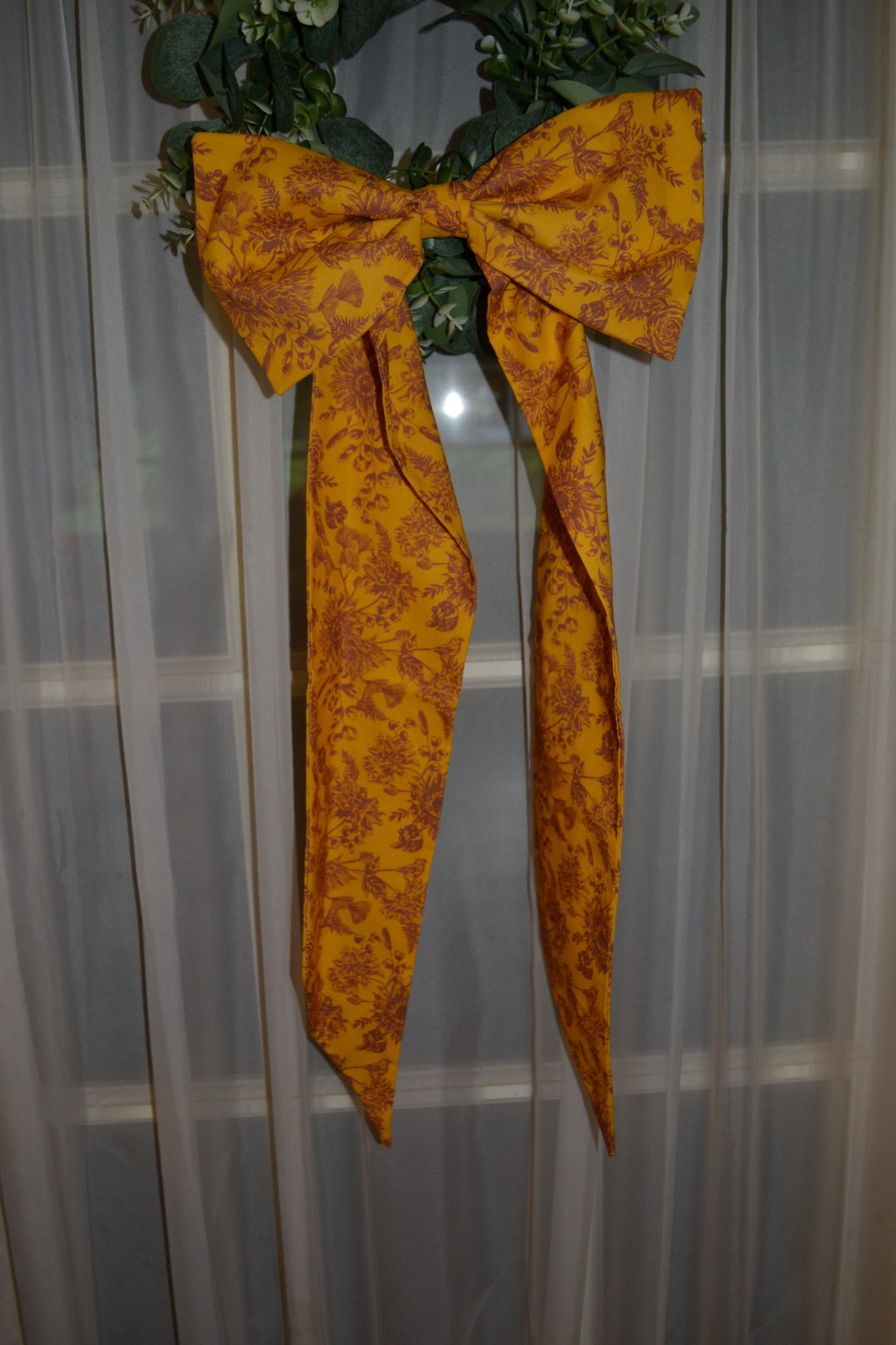Wreath Sash with bow is Made In A Sunflower Toile Cotton Fabric Yellow In Color