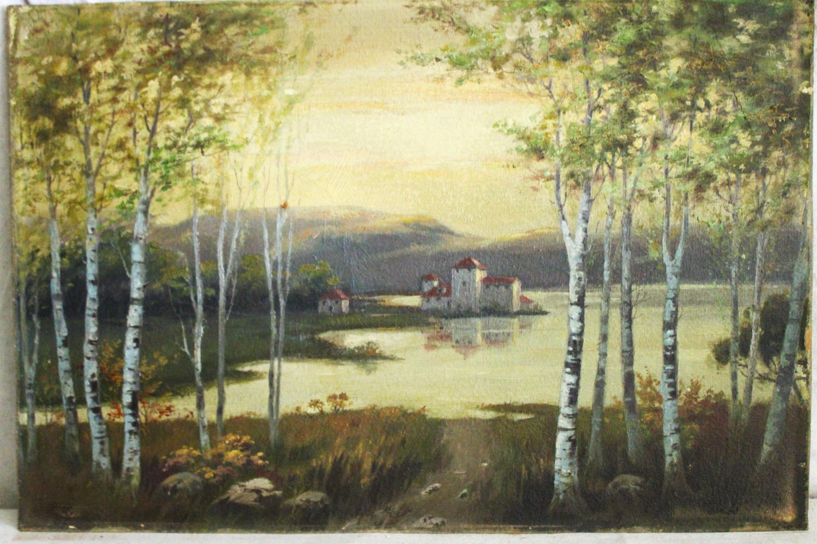 BIG GOLD GILT ORIGINAL OIL PAINTING STILL LIFE FLORAL MID CENTURY SIGNED CANVAS