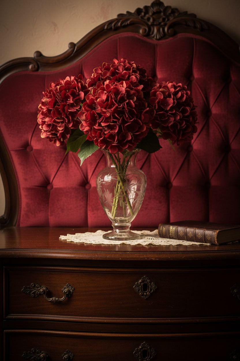 Red Artificial Hydrangea Stem Silk Flower Deep Red Faux Floral Wedding Decor