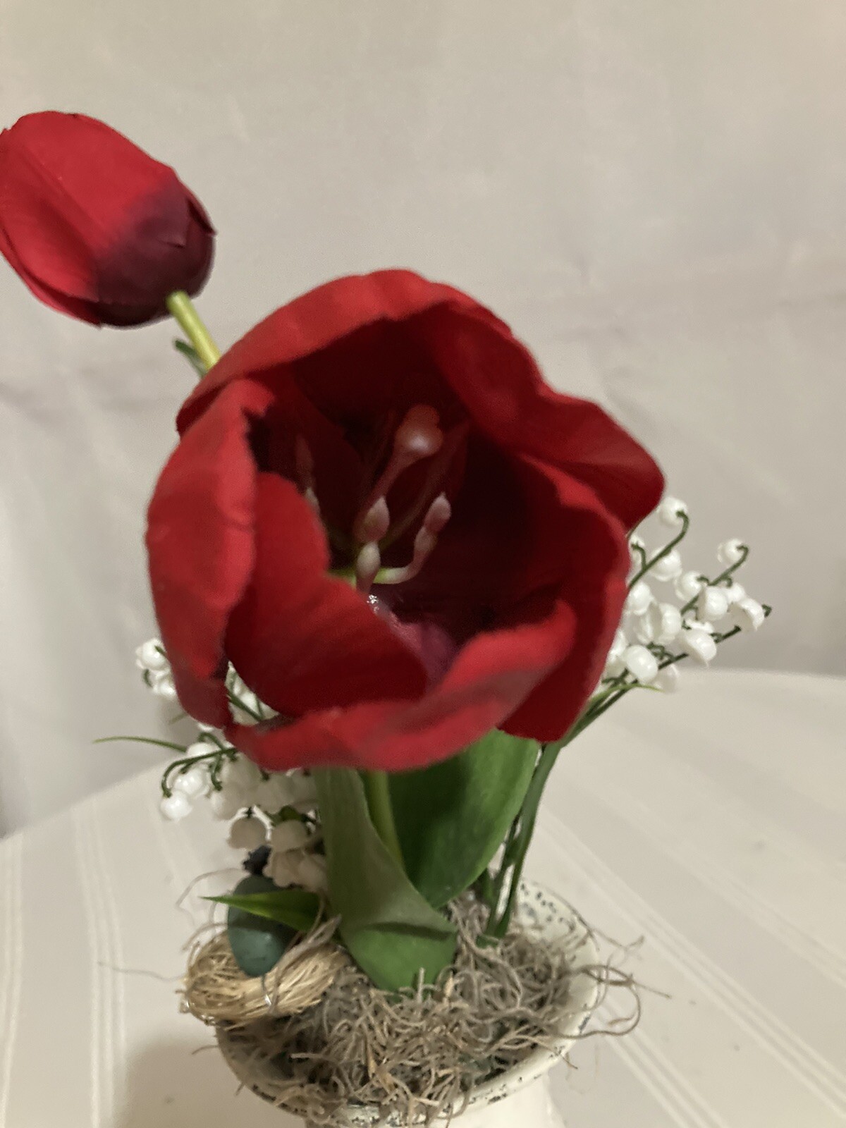 Red Tulips & Lily Of The Valley With Robin’s Nest Arrangement