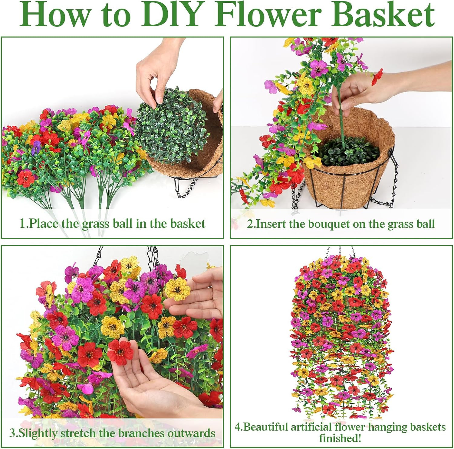 Artificial Hanging Flowers Plants Basket for Outdoors Decoration, 2PCS Multicolo