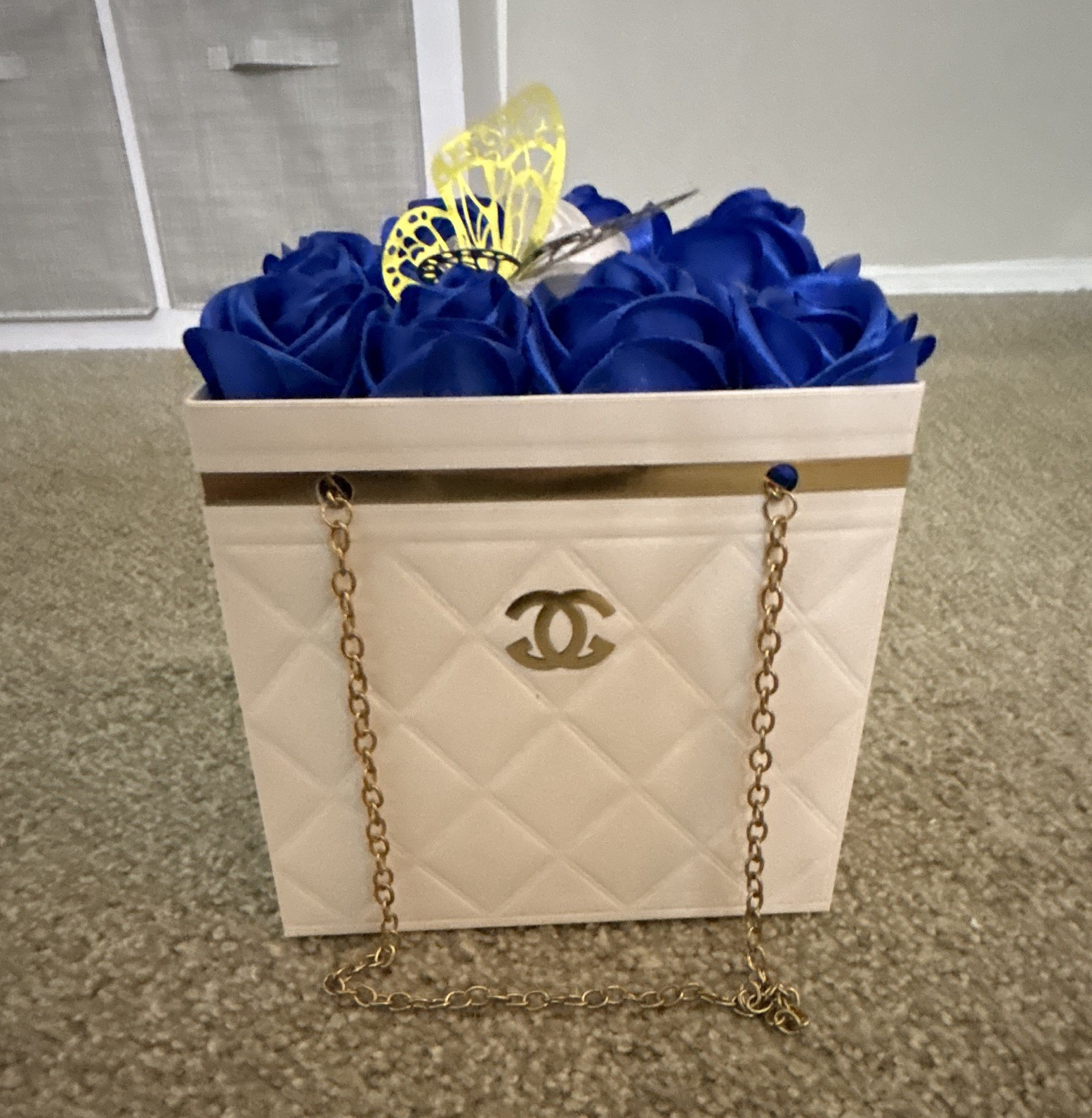 Artificial Blue Rose Flower Box Arrangement, White Quilted Box, Gold Butterfly
