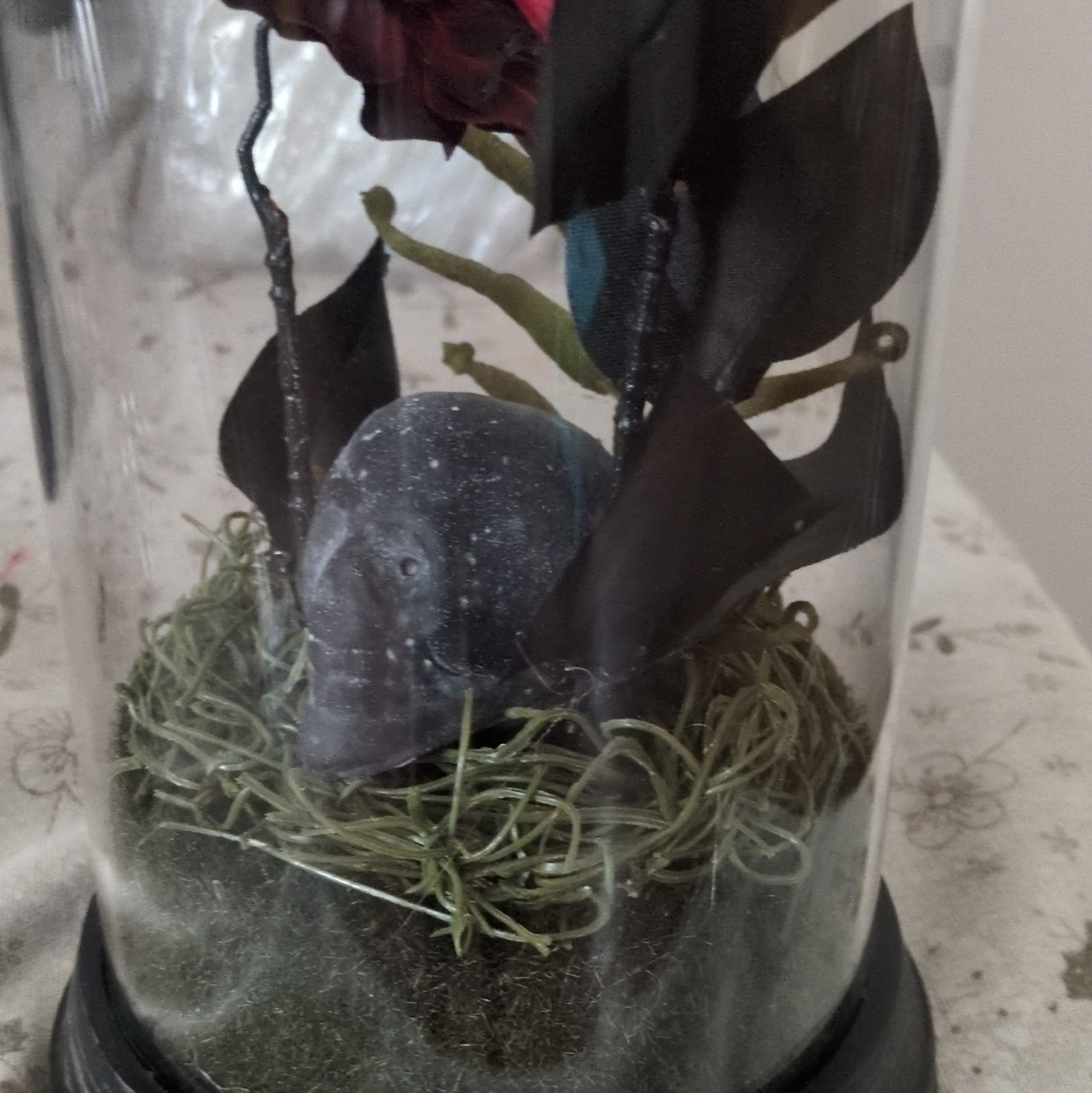 Handmade Artificial Rose Arrangement with Skull in Glass Dome Halloween Decor