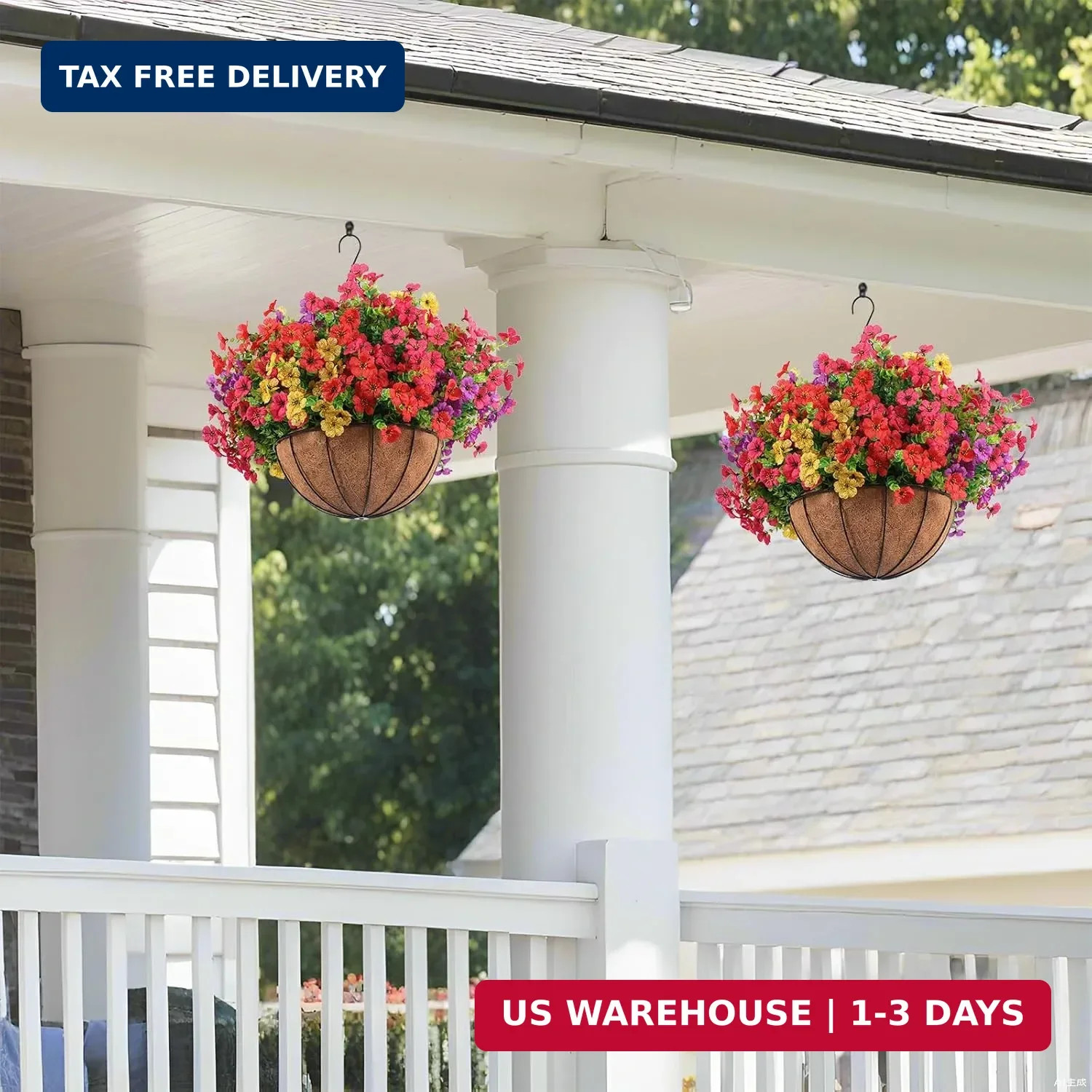 Hananona 2 Set Artificial Outdoor Flowers with Hanging Basket, 2 Hanging Planter