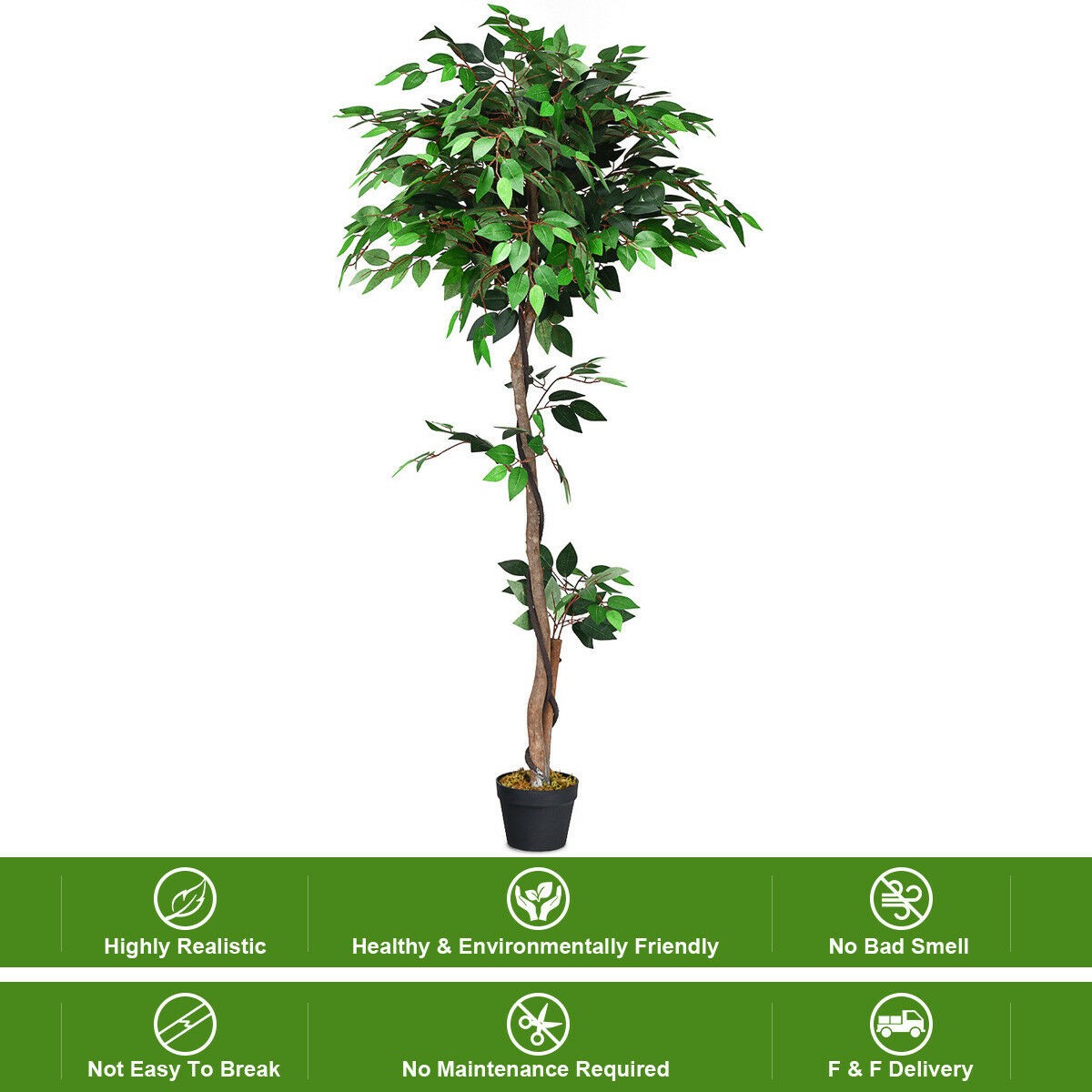 Costway 5.5FT Artificial Ficus Silk Tree Wood Trunks Green In/Patio Home Décor