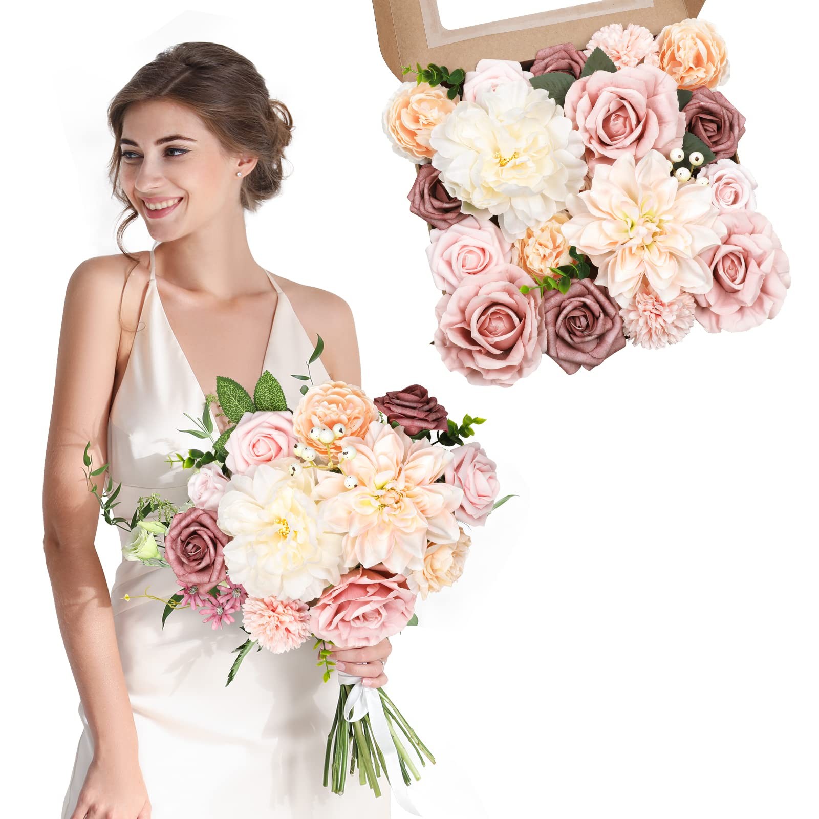 Blush Champagne Artificial Flowers Combo Silk Mix Peony Rose Fake Flowers w/S…