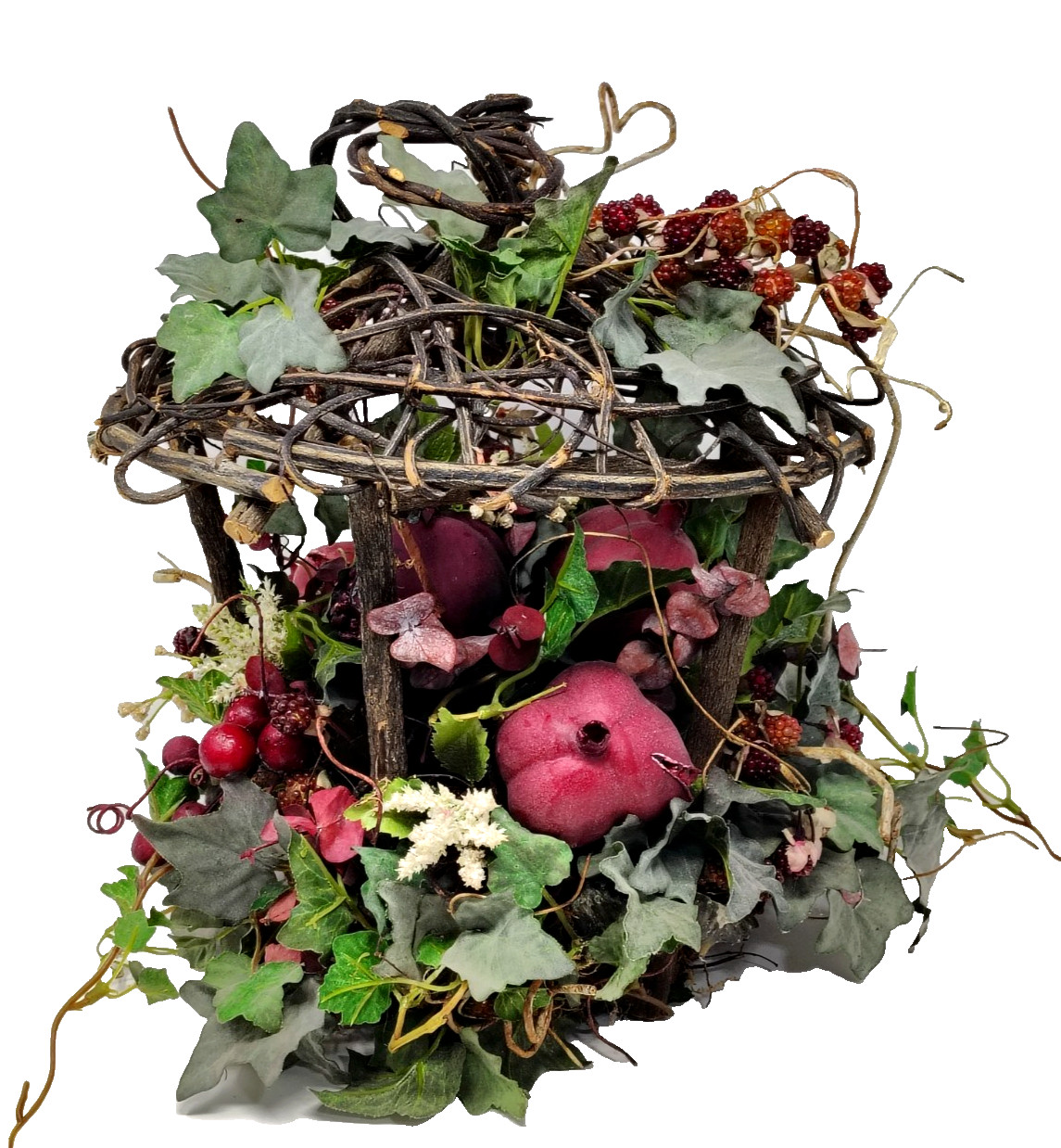 Hanging Wicker Twig Basket Faux Vine Berry Floral Arrangement Gazebo Bird Cage