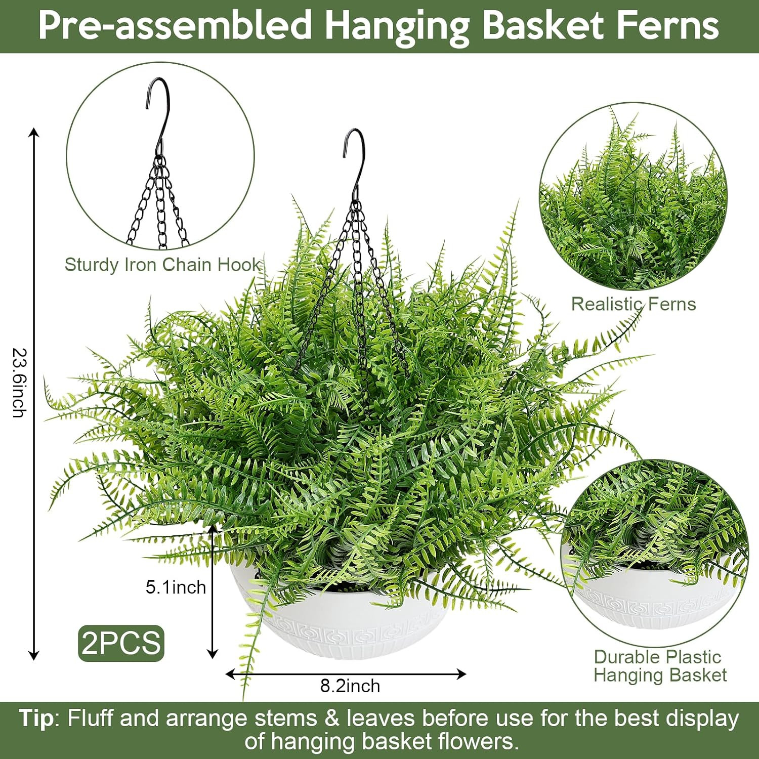Set of 2 UV Resistant Artificial Hanging Ferns for Indoor/Outdoor Decor