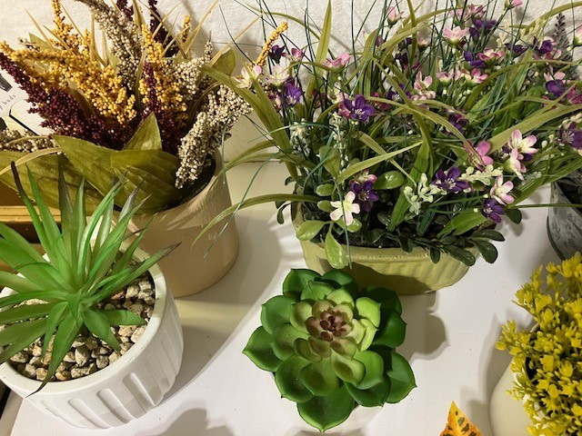 10 Artificial flowers in pots, 1 hanging 2″ to 10″ variety