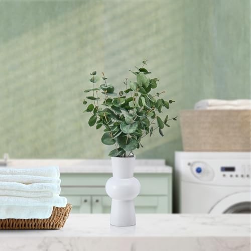 Artificial Arrangement in White Ceramic Vase, Realistic Look and Eucalyptus