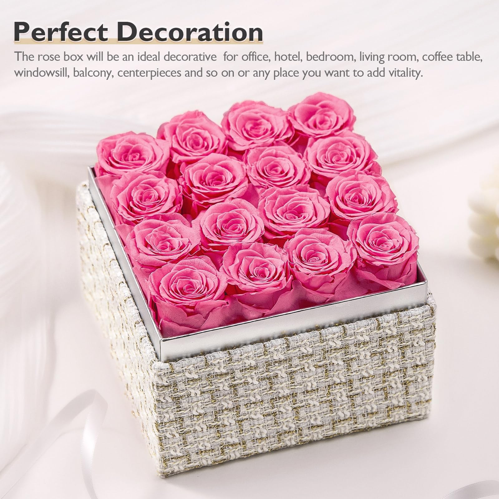 16 PCS Pink Preserved Real Roses Square Gold White Plaid Box Valentines
