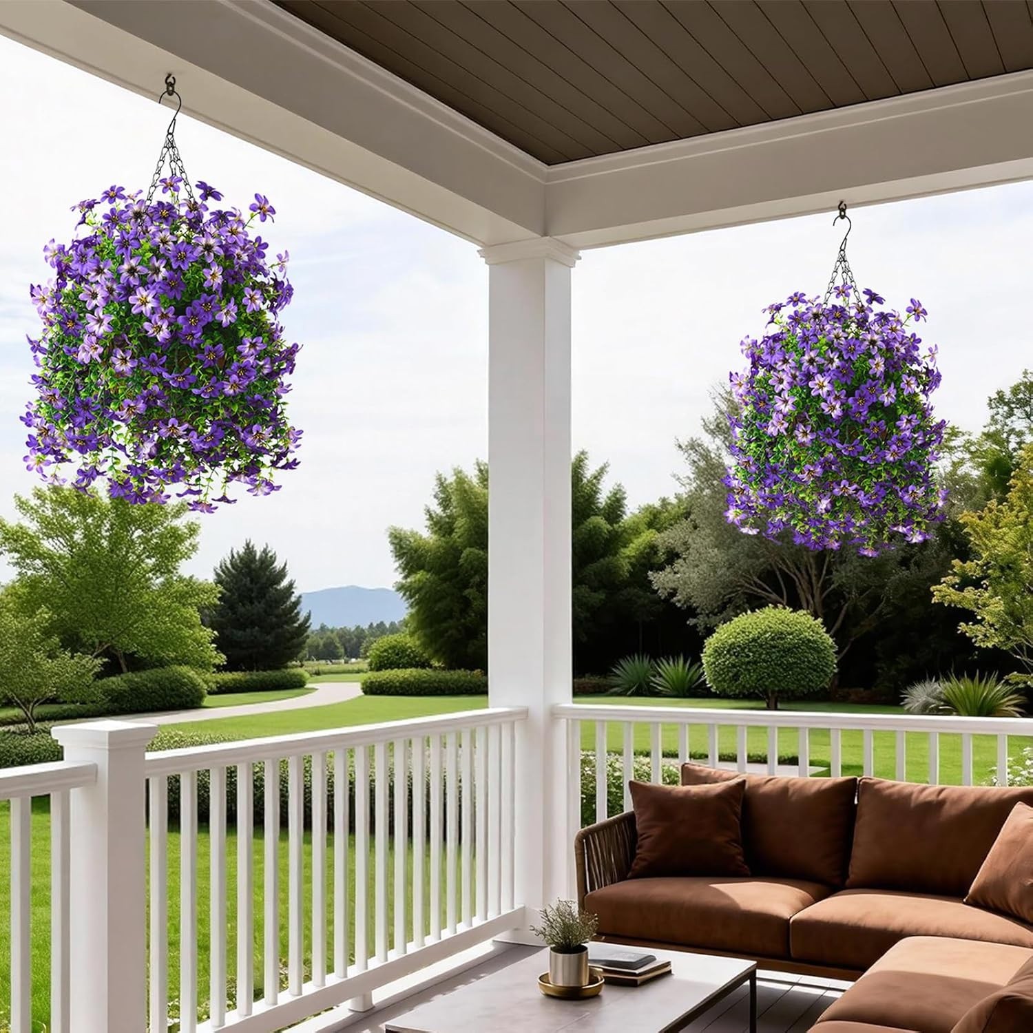 Vibrant Purple Artificial Flowers – 2 Pcs Faux Hanging Plants for Outdoor Decor
