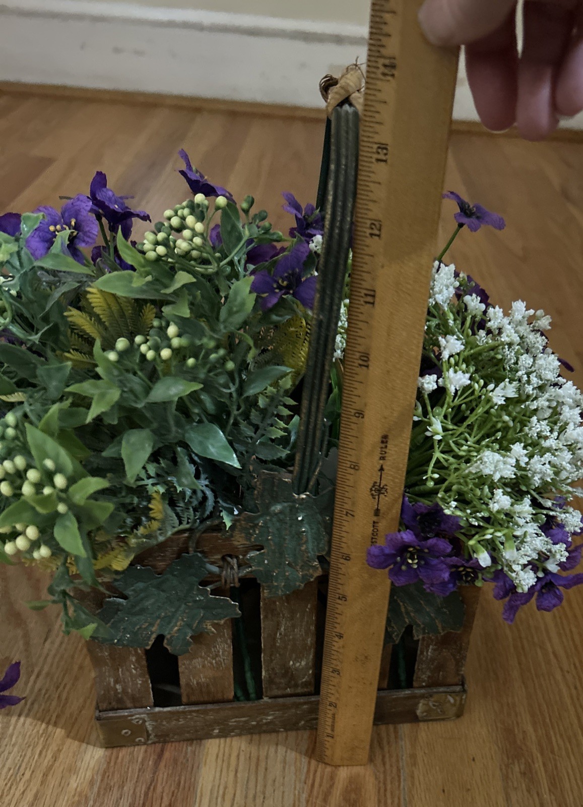 Beautiful Purple & White Floral Arrangement In A Crate With Handle Metal Leaves
