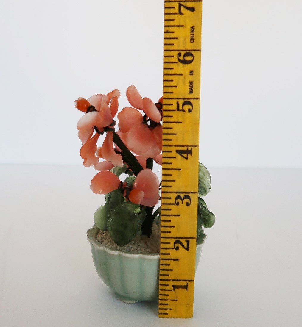 Vtg peach & green glass hand crafted artificial floral potted plant bonsai tree