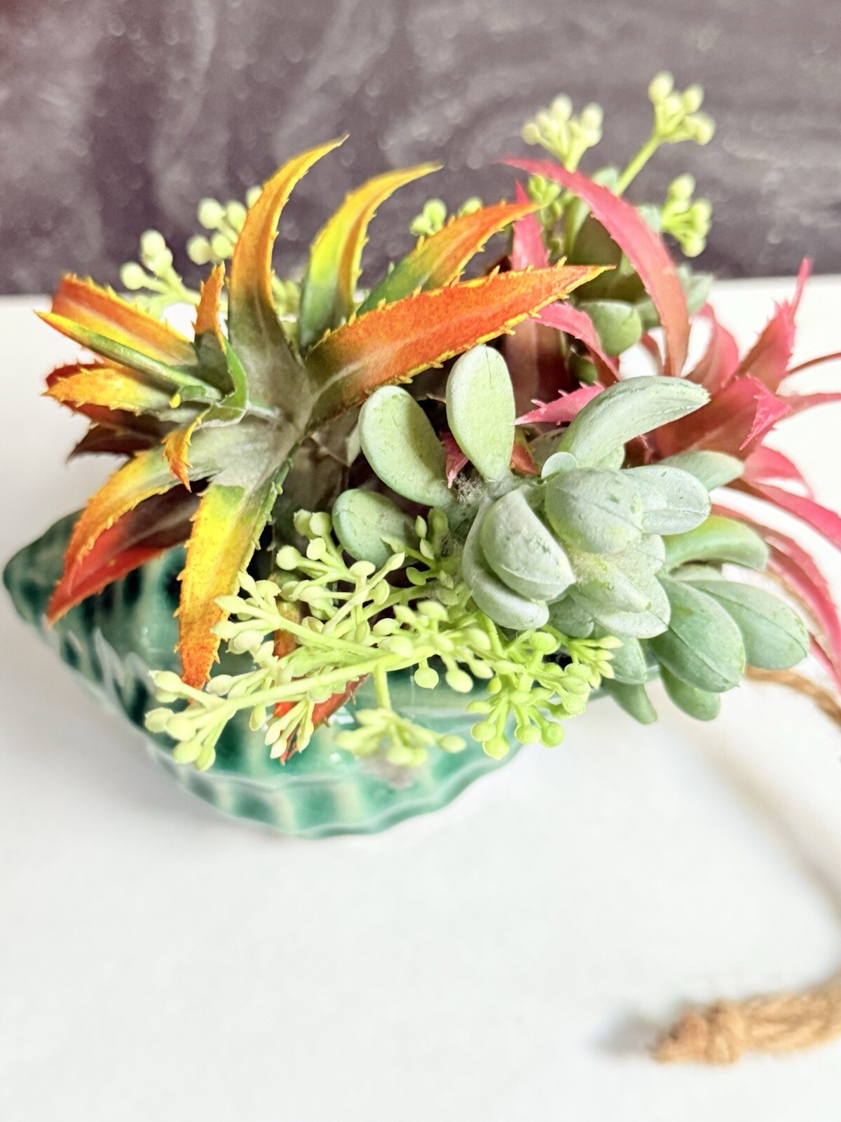 Fake Assorted Plants Faux Succulents in VTG Seashell Hanging Pot Realistic Plant