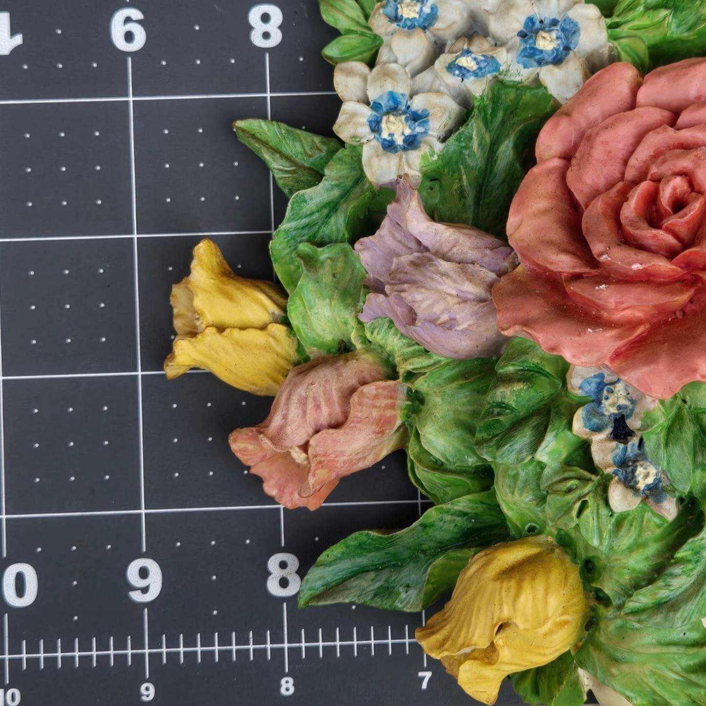 Vintage Flower Arrangement Doorstop Shabby Cottagecore Floral White Blue Ribbon