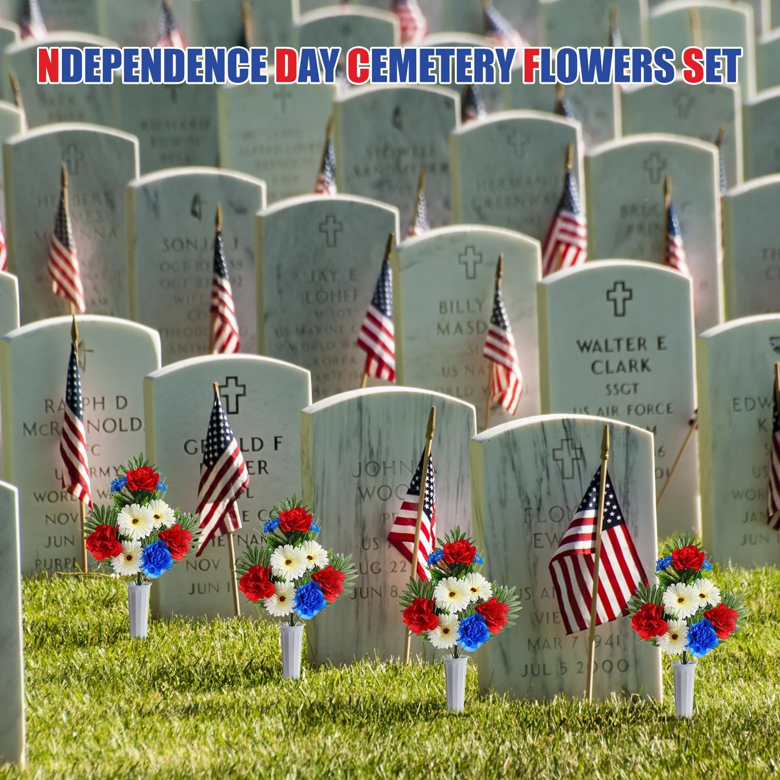 6 PCS Patriotic Memorial Red Blue White Artificial Flowers Bouquet With Vase