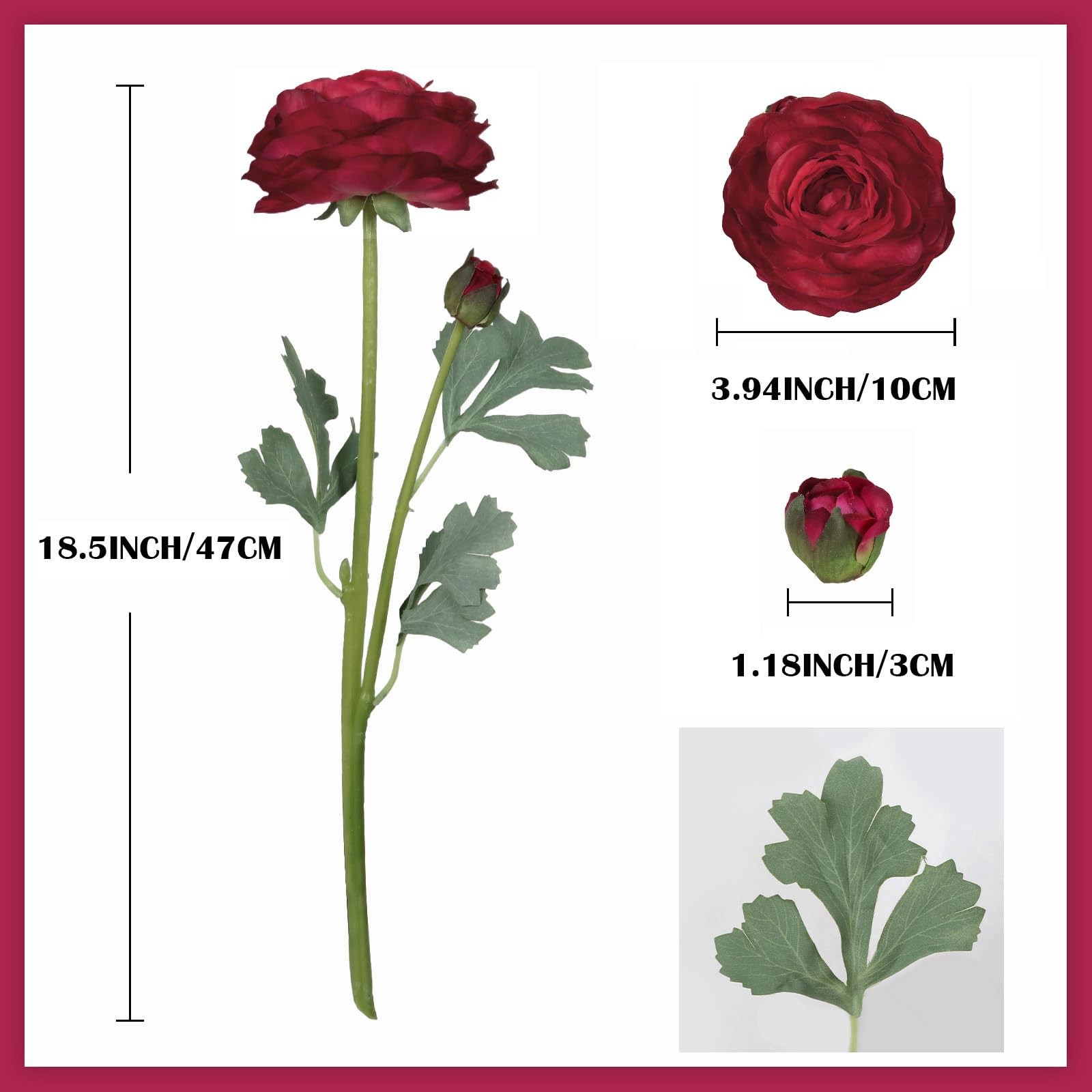6 PCS Dark Red Ranunculus Artificial Flowers Real Touch Fake Peonies Bouquet