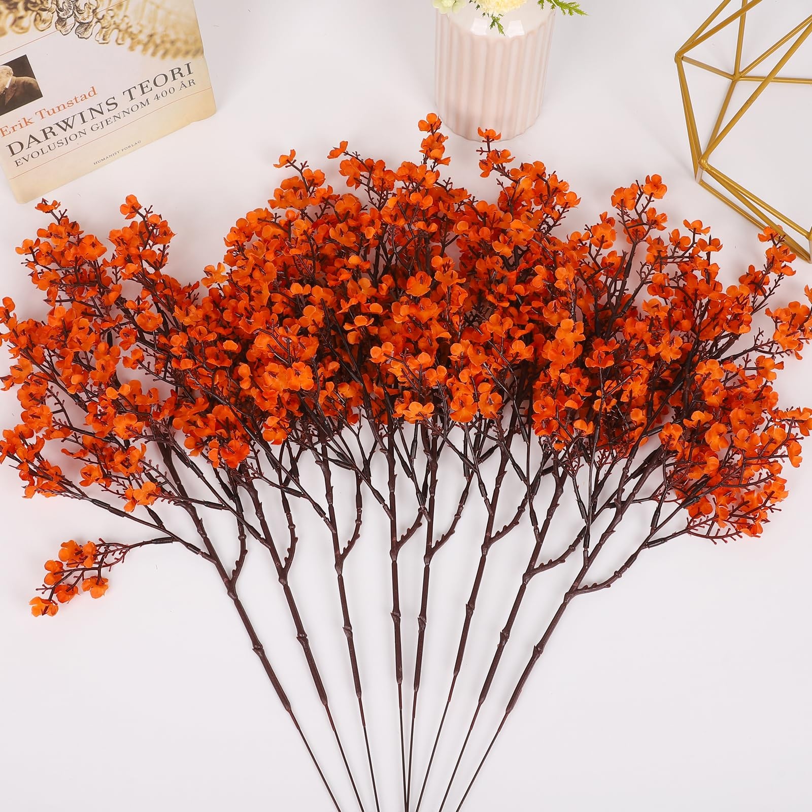 8Pcs Babys Breath Artificial Fake Fall Flowers, Real Touch Orange Plants Silk…